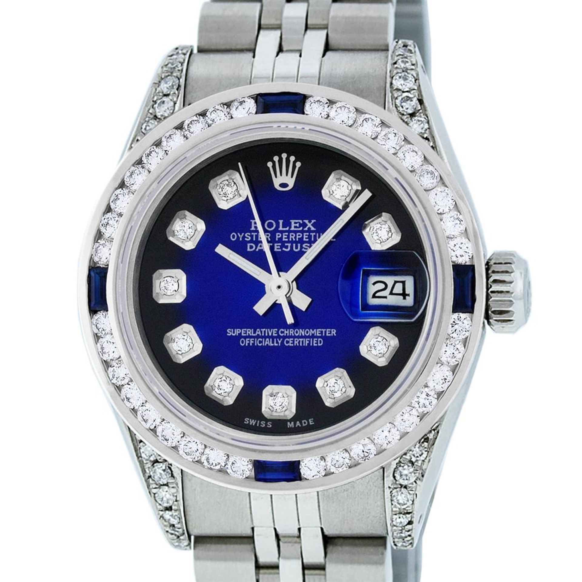 Rolex Ladies Stainless Steel Blue Vignette Diamond Lugs & Sapphire Datejust Wris