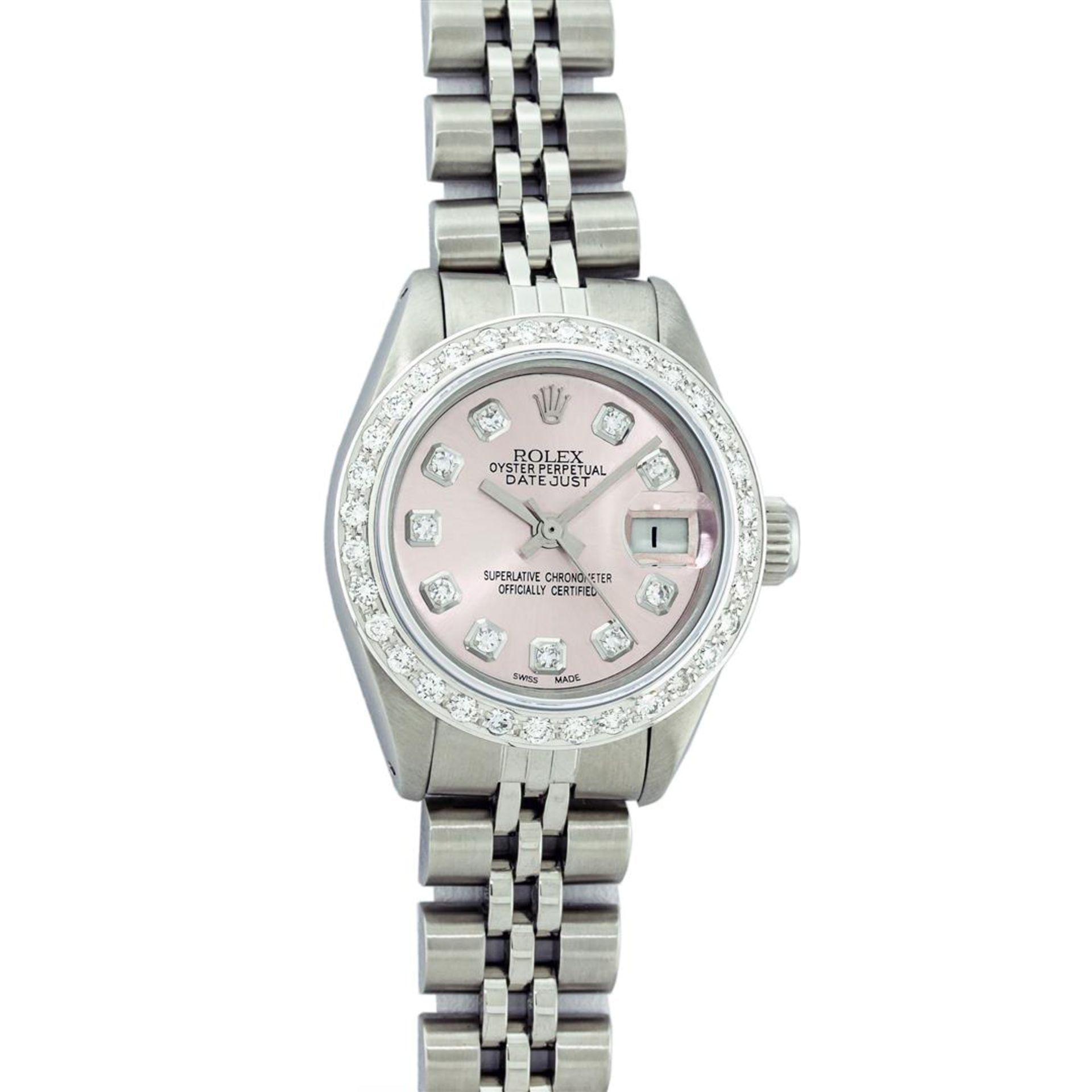 Rolex Ladies Stainless Steel Pink Diamond 18K Gold Bezel Datejust Wristwatch - Image 2 of 9