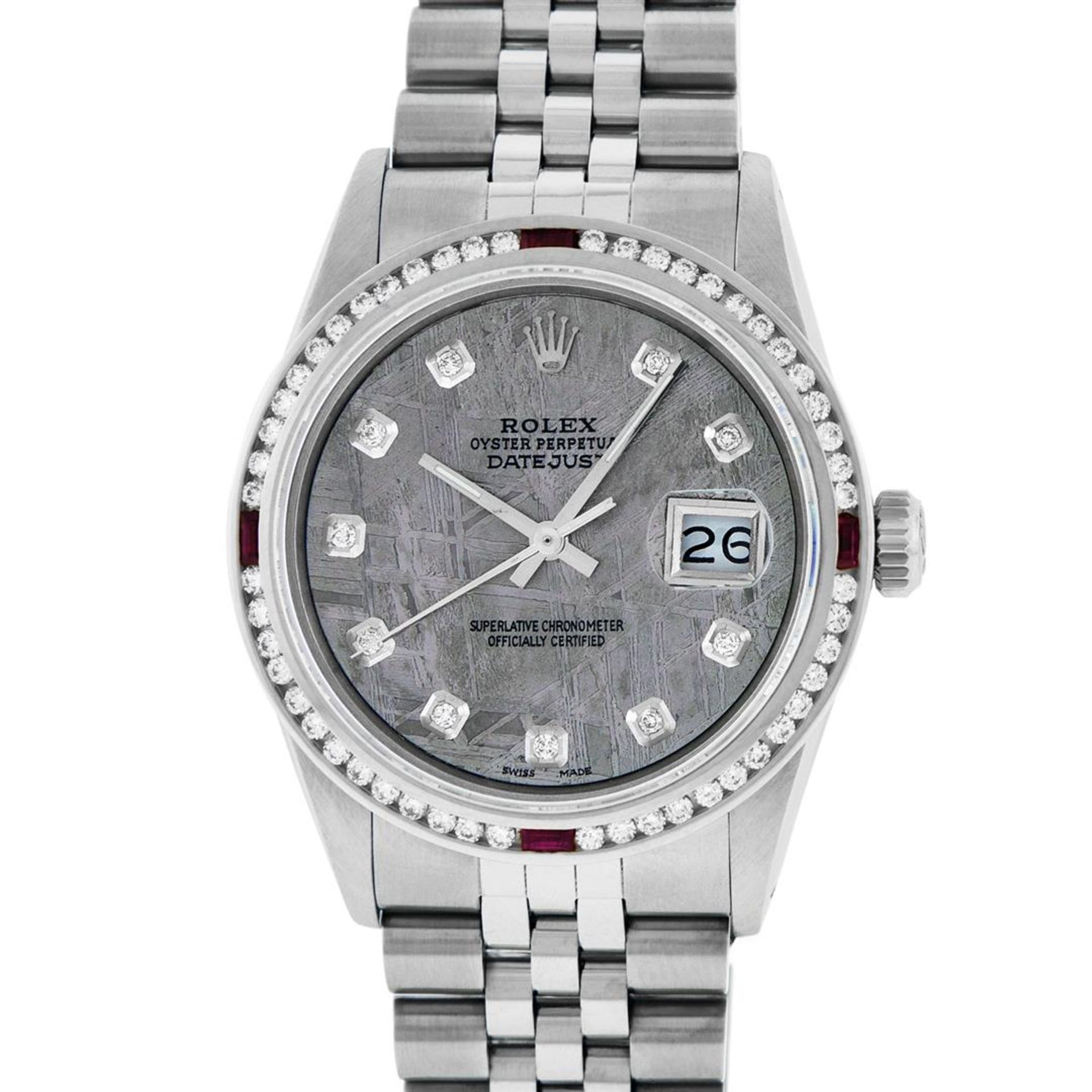 Rolex Mens SS Meteorite Diamond & Ruby Channel Set Oyster Perpetual Datejust Wri - Image 3 of 9