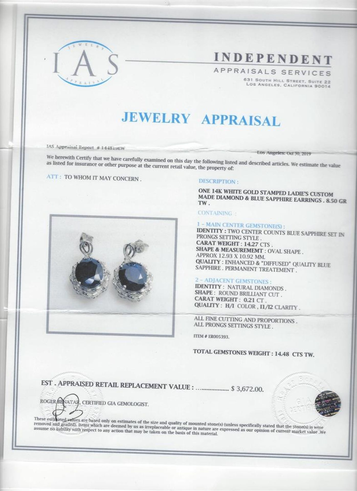 14.2 ctw Sapphire and Diamond Earrings - 14KT White Gold - Image 3 of 3