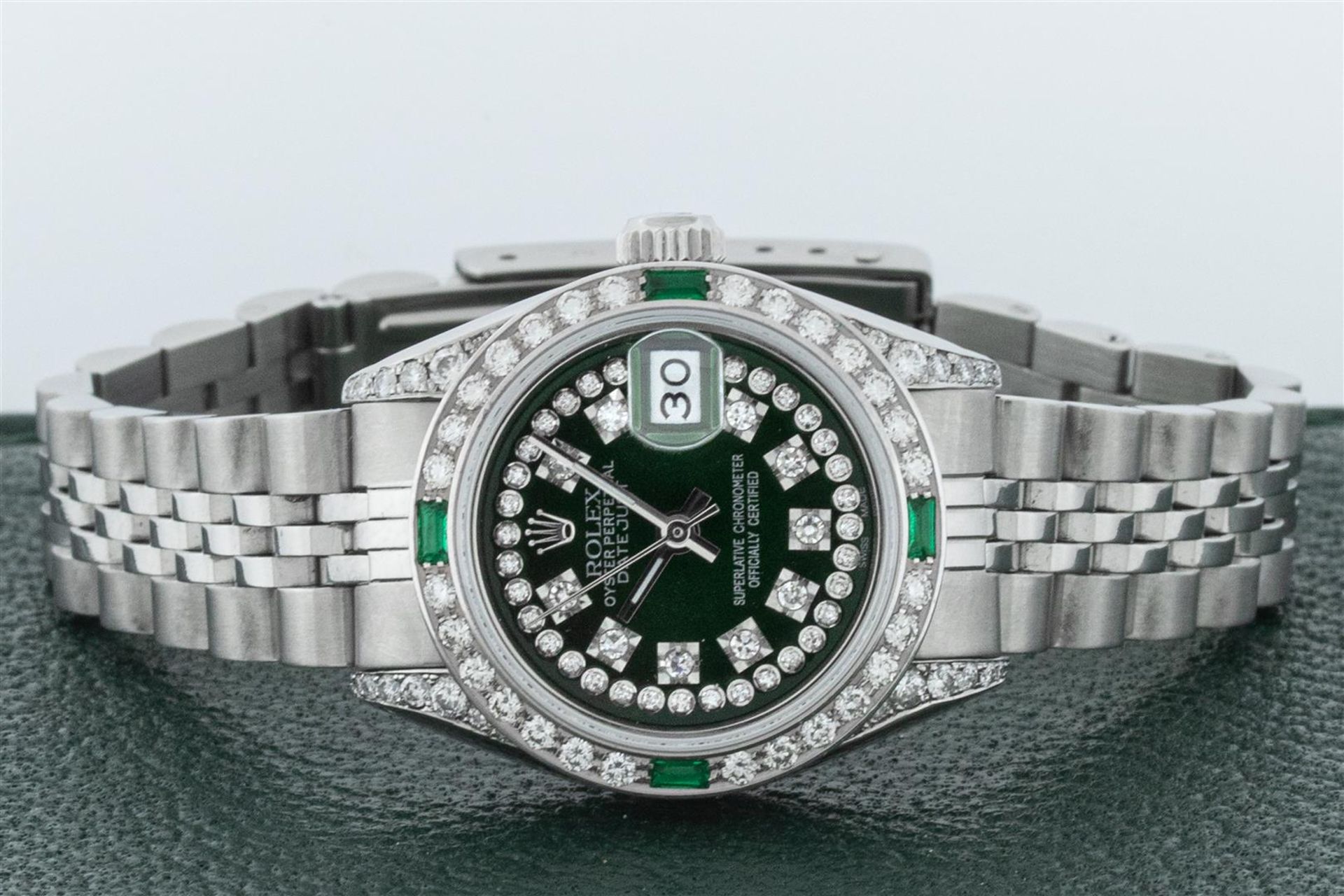 Rolex Ladies Stainless Steel 26MM Green Diamond Lugs Oyster Perpetual Datejust W - Image 4 of 9