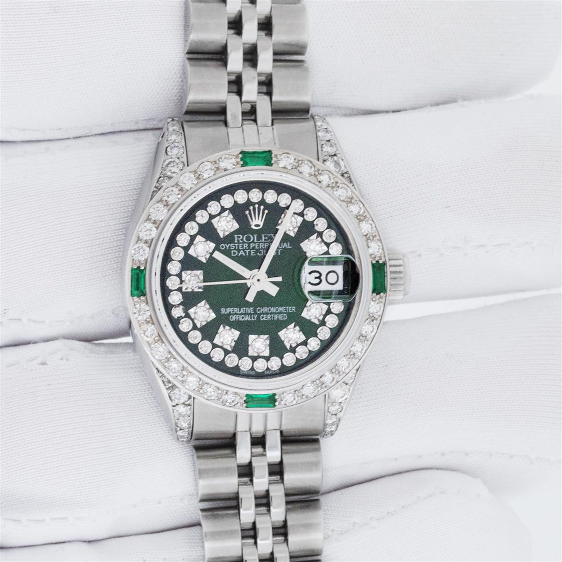Rolex Ladies Stainless Steel 26MM Green Diamond Lugs Oyster Perpetual Datejust W - Image 3 of 9