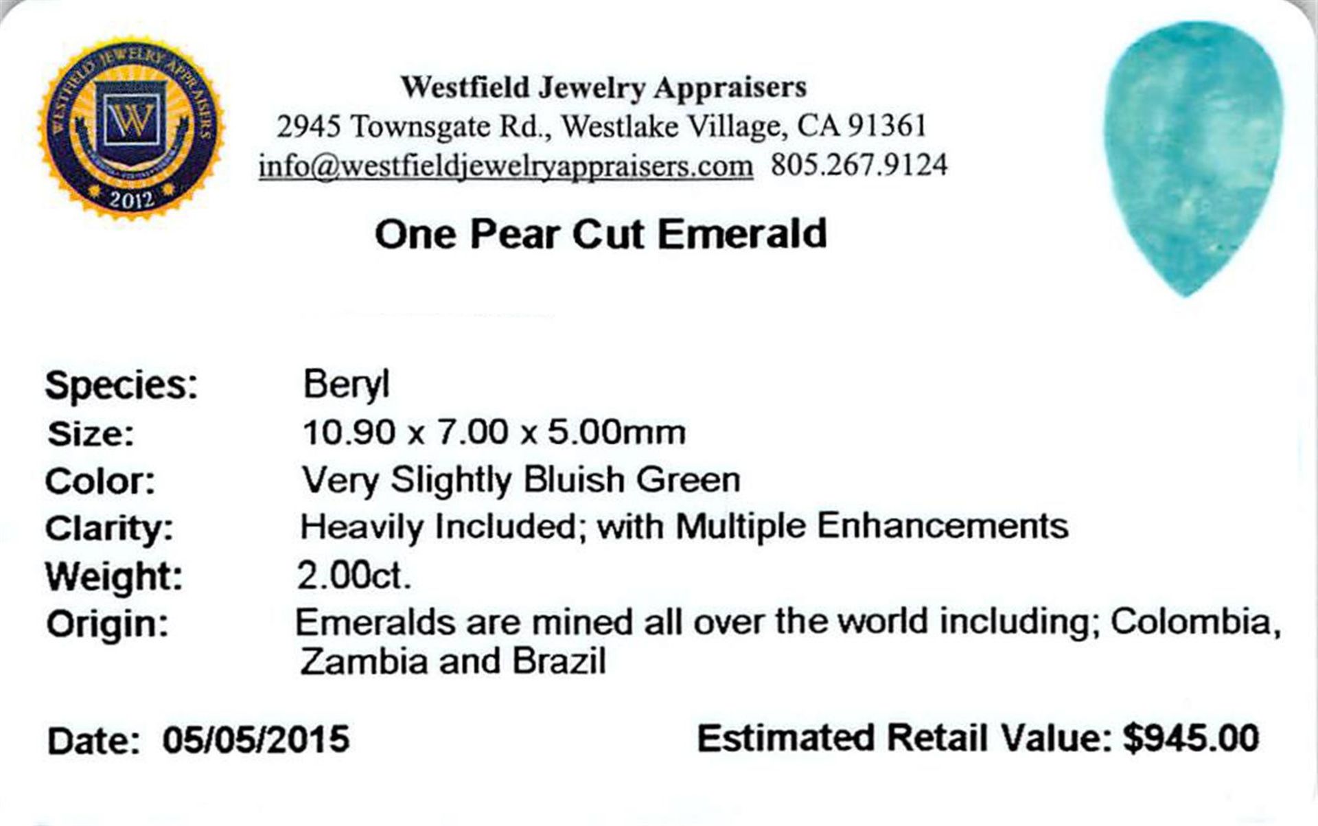 2 ctw Pear Emerald Parcel - Image 2 of 2