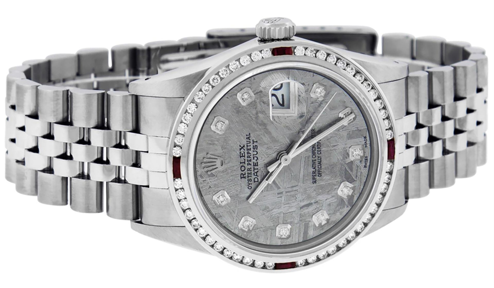 Rolex Mens SS Meteorite Diamond & Ruby Channel Set Oyster Perpetual Datejust Wri - Image 4 of 9