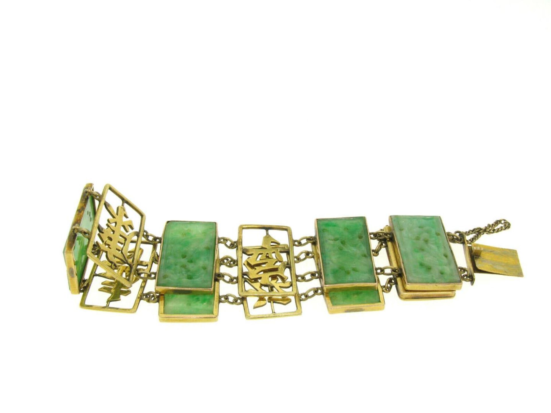 Antique Chinese Solid 14k Yellow Gold Large WIDE Hand Carved Jade Link Bracelet - Image 4 of 6