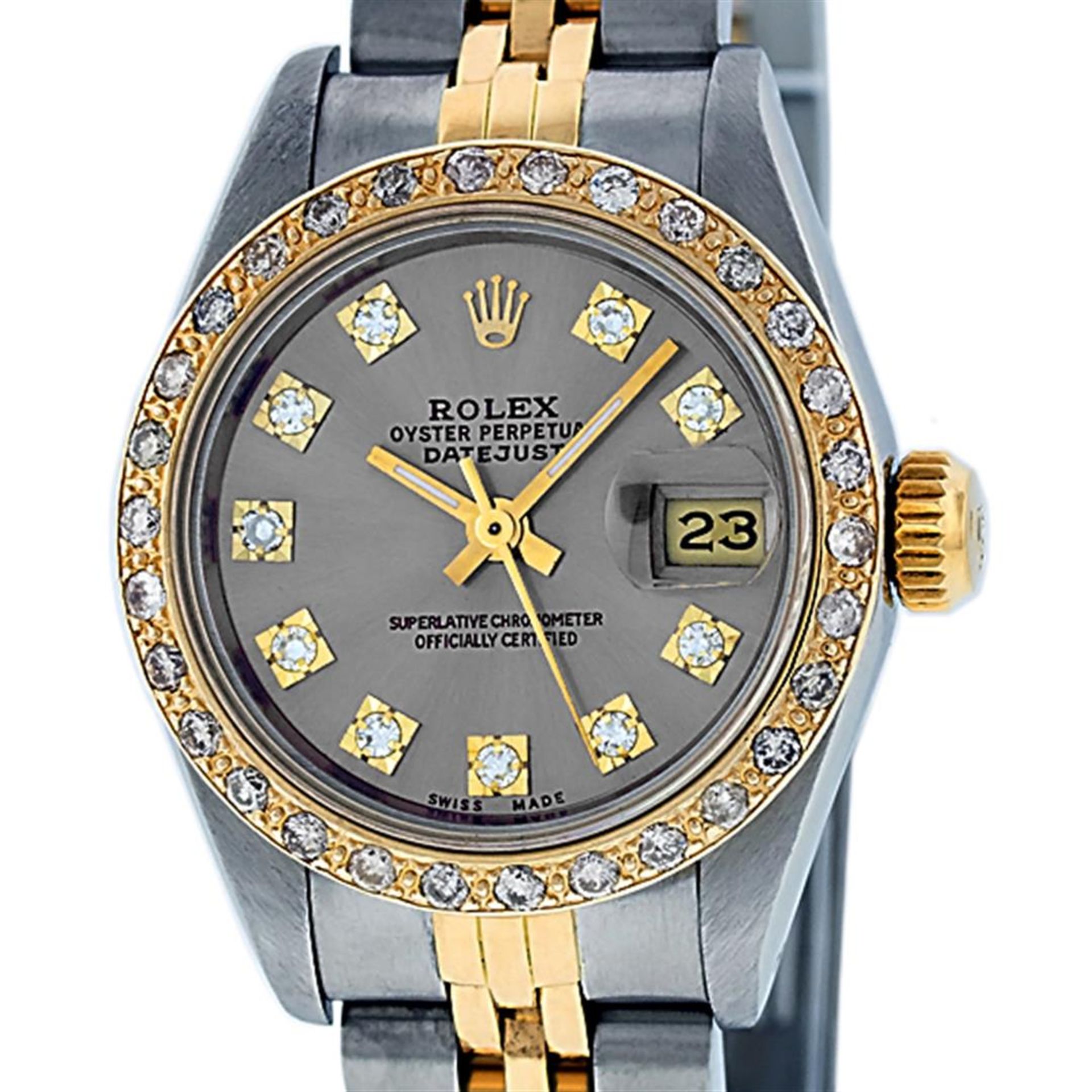 Rolex Ladies 2 Tone Slate Grey VS 26MM Diamond Datejust Oyster Perpetual Wristwa