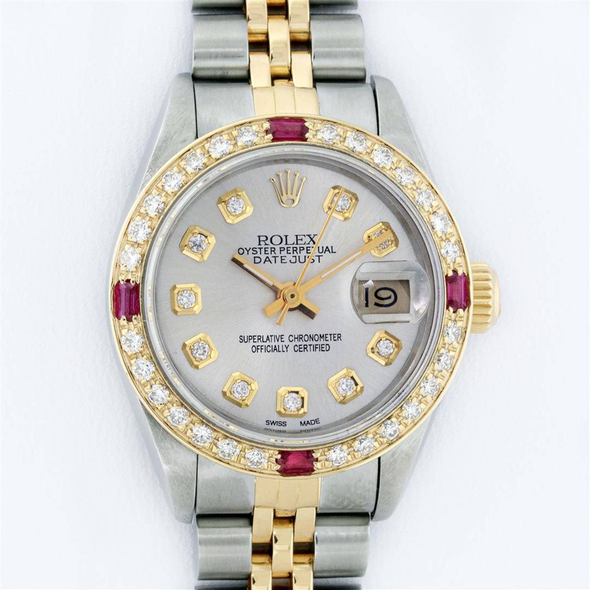 Rolex Ladies 2 Tone Silver Diamond & Ruby Oyster Perpetual Datejust Wristwatch