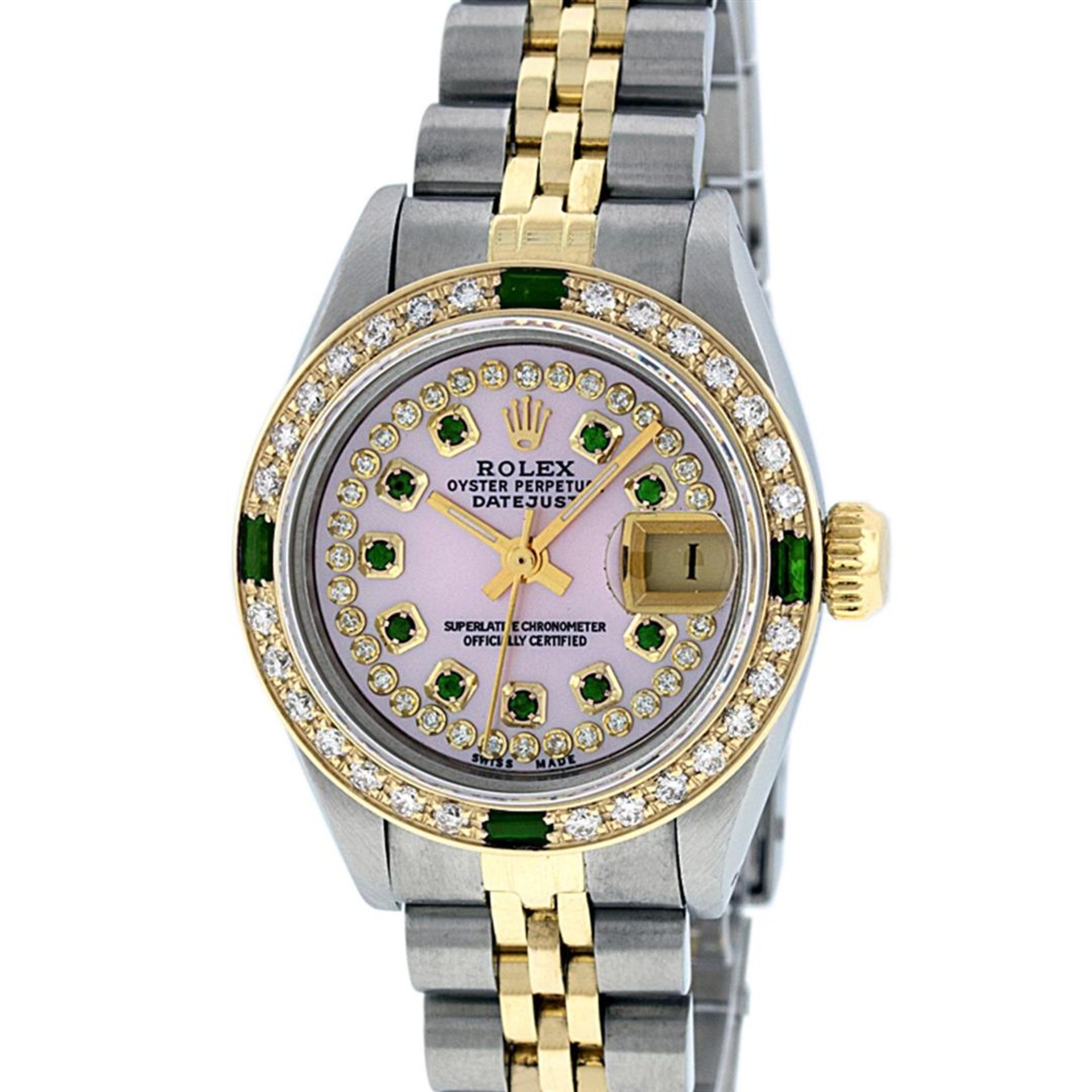 Rolex Ladies 2 Tone MOP Diamond & Emerald Oyster Perpetual Datejust Wristwatch - Image 3 of 9