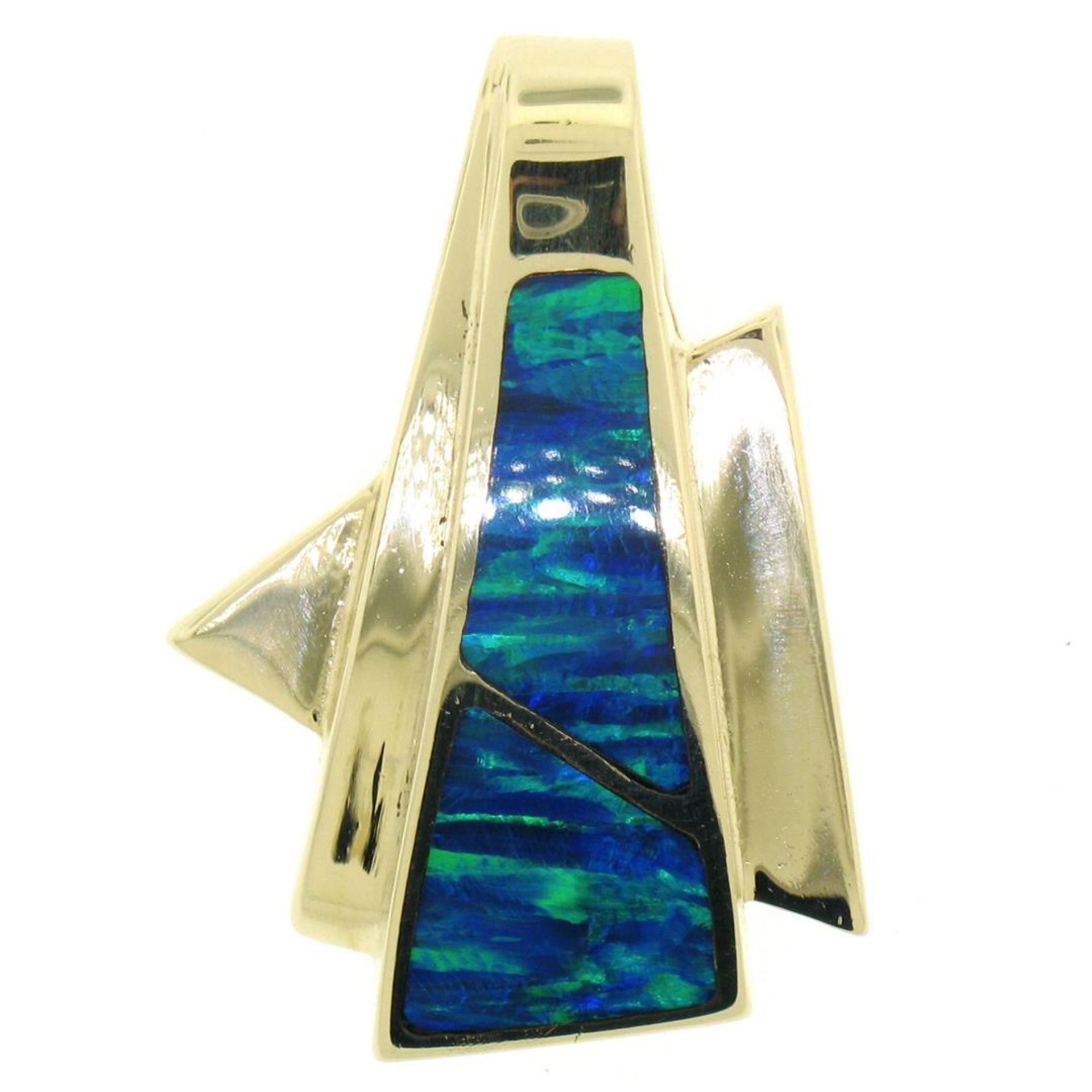 14k Yellow Gold 2 Inlaid Freeform Geometric Blue & Green Boulder Opal Pendant - Image 4 of 7