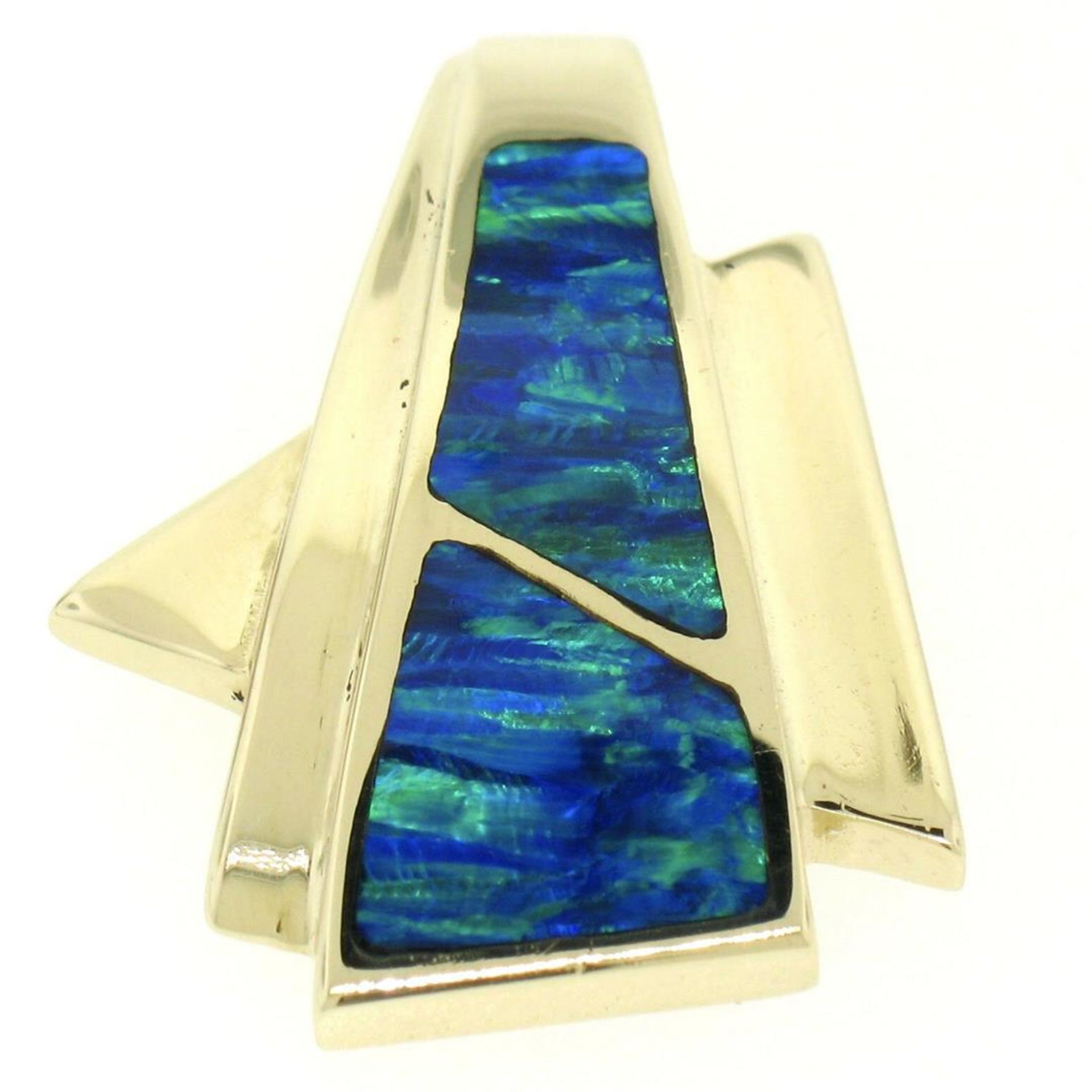 14k Yellow Gold 2 Inlaid Freeform Geometric Blue & Green Boulder Opal Pendant - Image 2 of 7