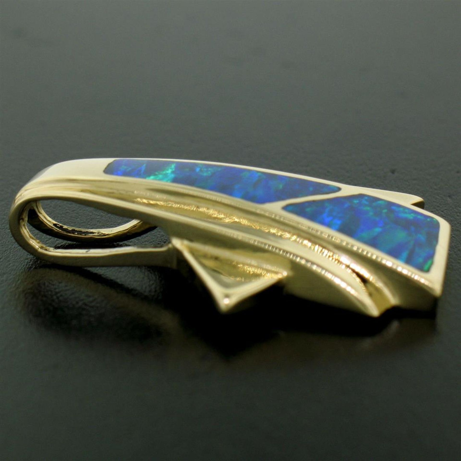 14k Yellow Gold 2 Inlaid Freeform Geometric Blue & Green Boulder Opal Pendant - Image 5 of 7