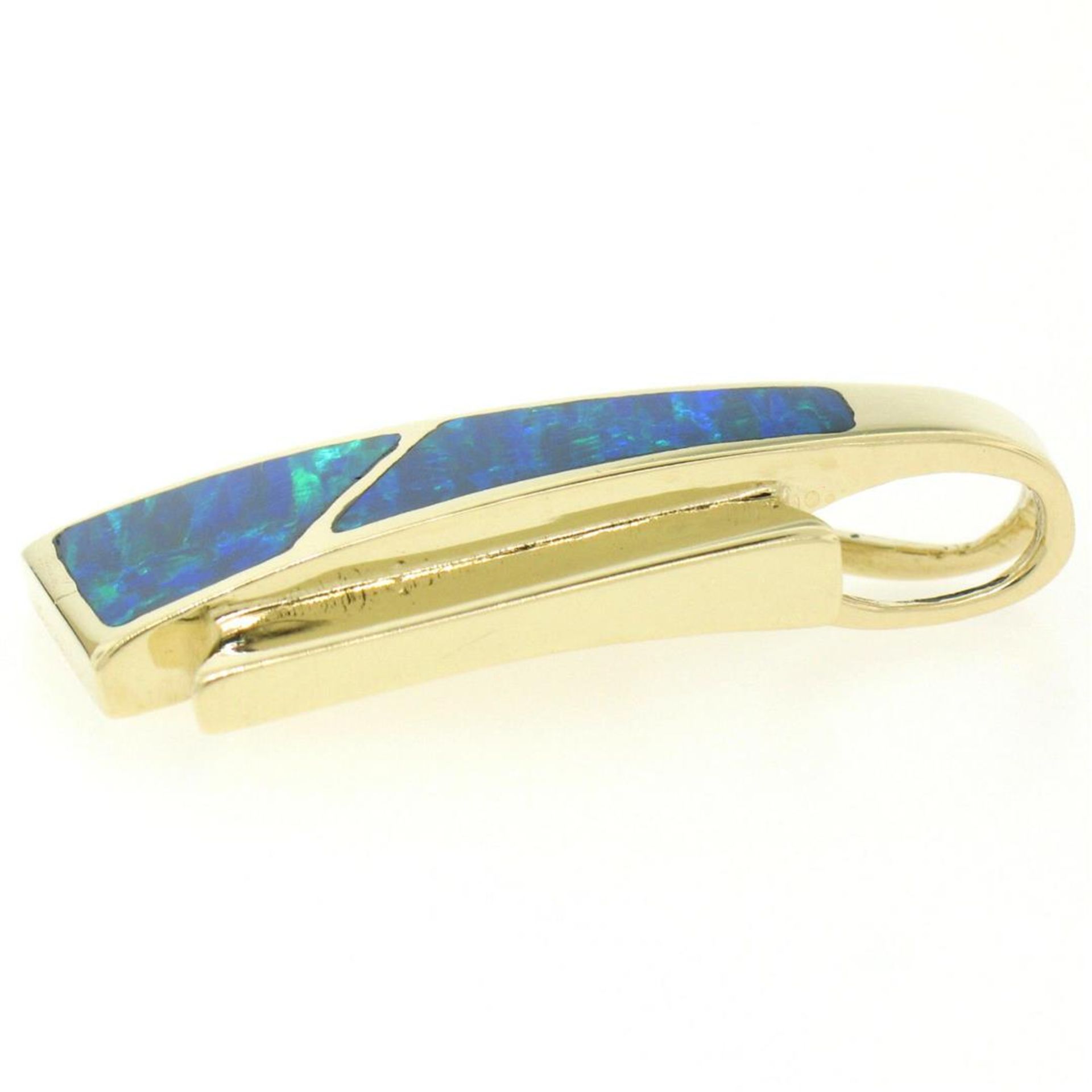 14k Yellow Gold 2 Inlaid Freeform Geometric Blue & Green Boulder Opal Pendant - Image 6 of 7