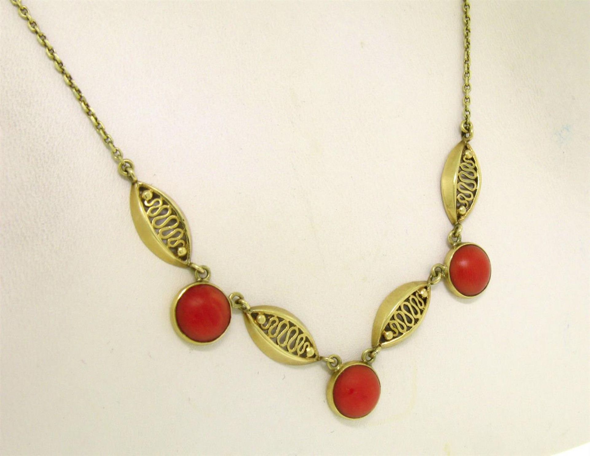 14k Solid Gold Ox Blood Red Coral Open Work Collar Necklace - Image 3 of 5
