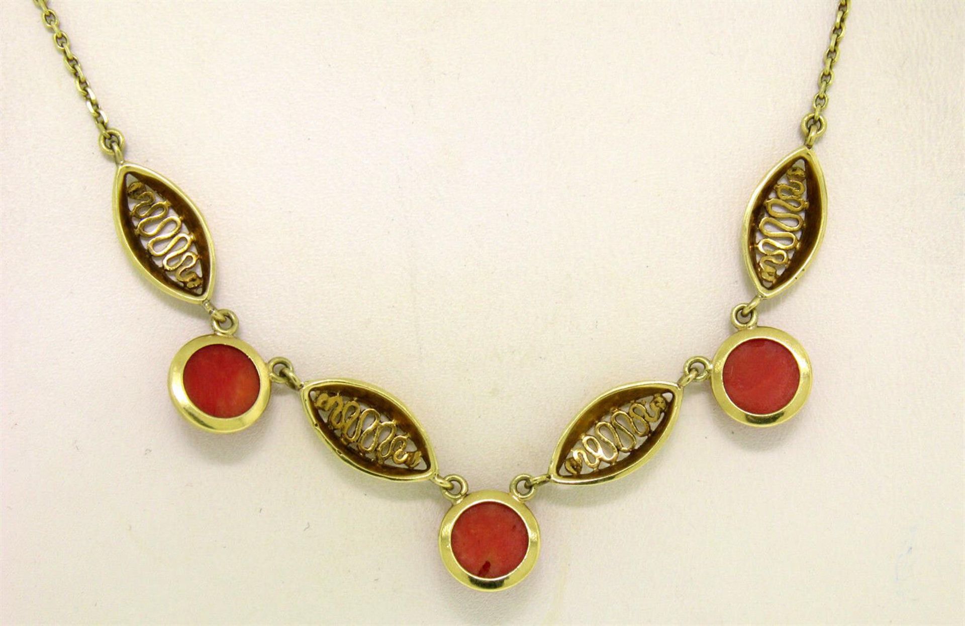 14k Solid Gold Ox Blood Red Coral Open Work Collar Necklace - Image 2 of 5