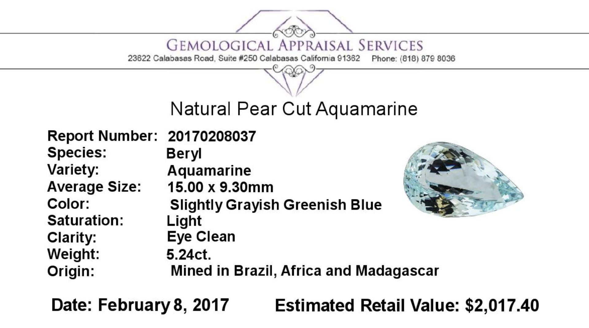 5.24 ct.Natural Pear Cut Aquamarine - Image 2 of 2