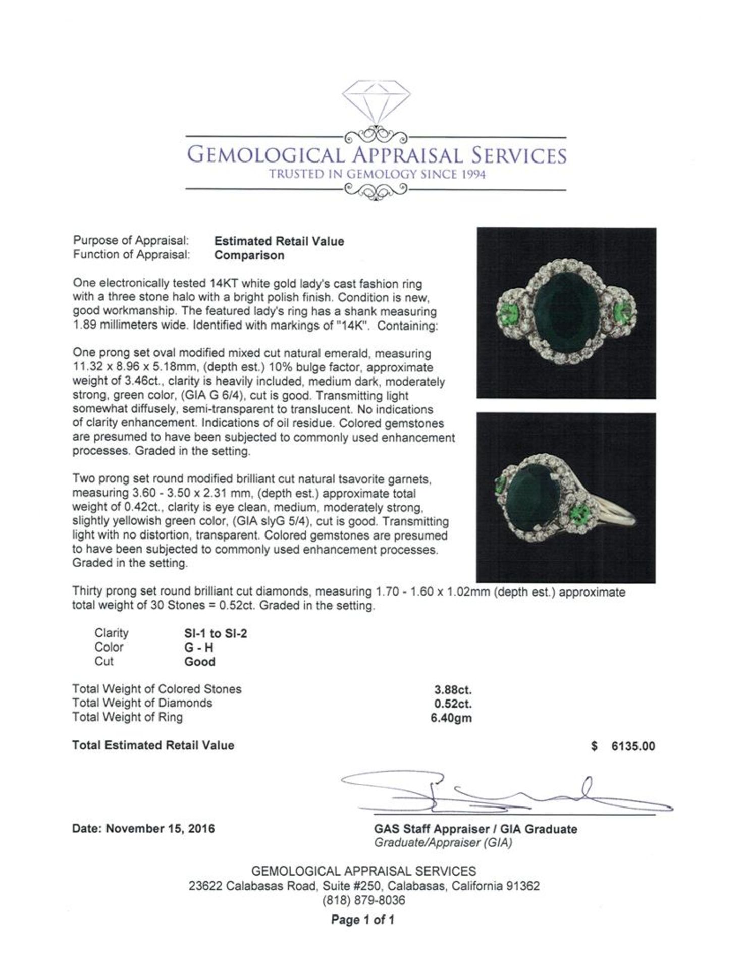 3.88 ctw Emerald, Tsavorite and Diamond Ring - 14KT White Gold - Image 6 of 6