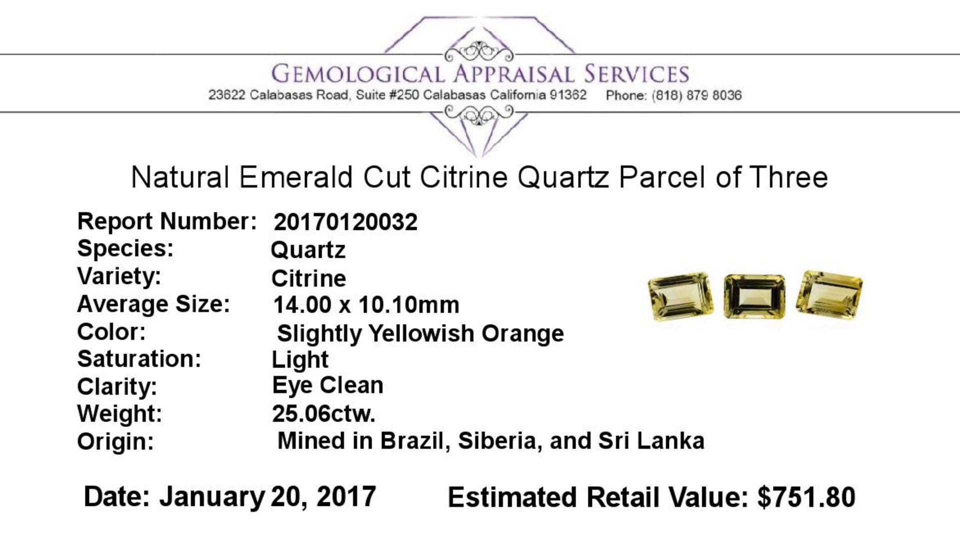 25.06 ctw.Natural Emerald Cut Citrine Quartz Parcel of Three - Image 3 of 3