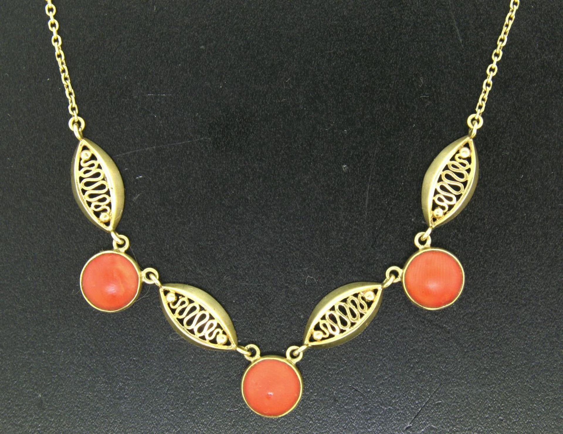 14k Solid Gold Ox Blood Red Coral Open Work Collar Necklace - Image 5 of 5
