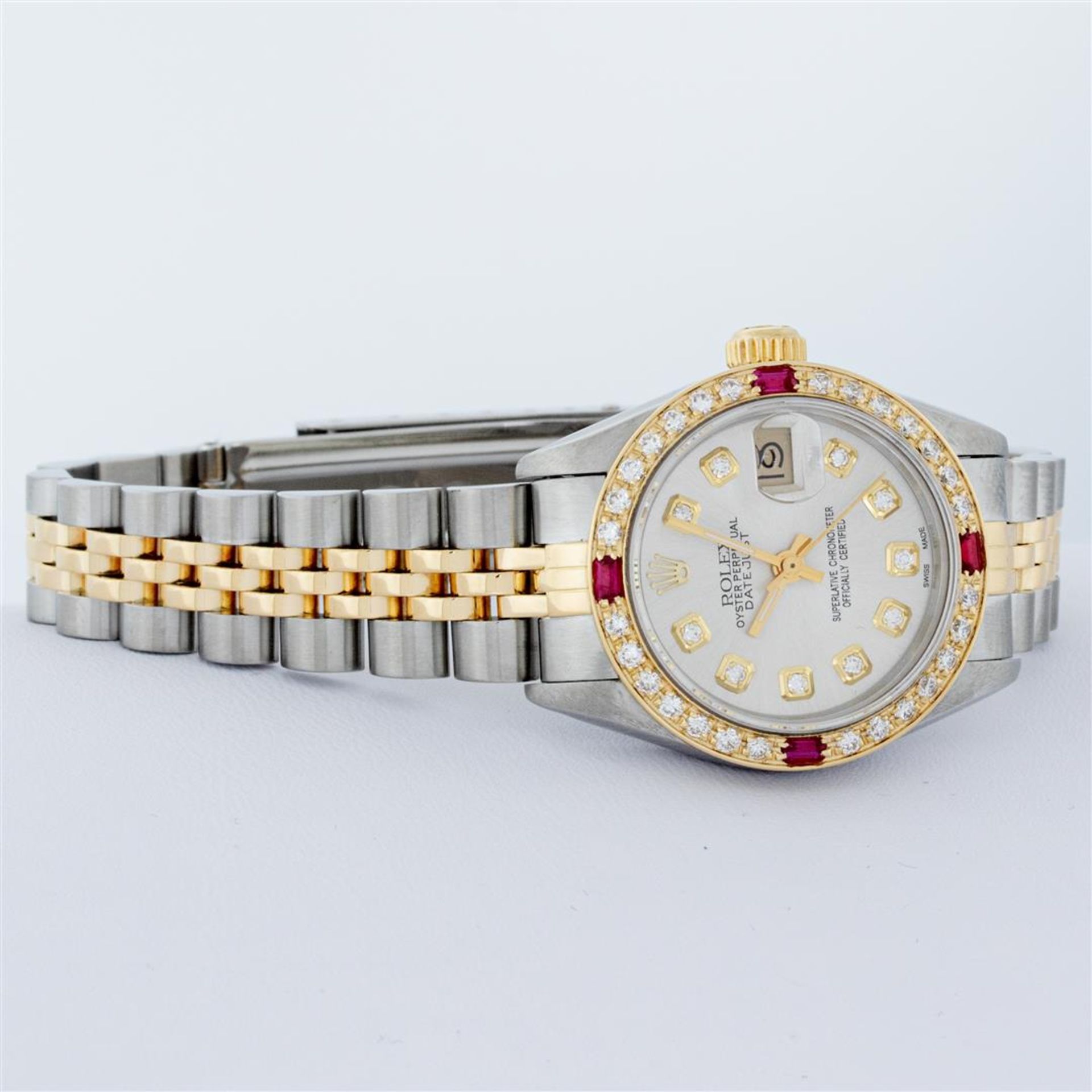 Rolex Ladies 2 Tone Silver Diamond & Ruby Oyster Perpetual Datejust Wristwatch - Image 8 of 9