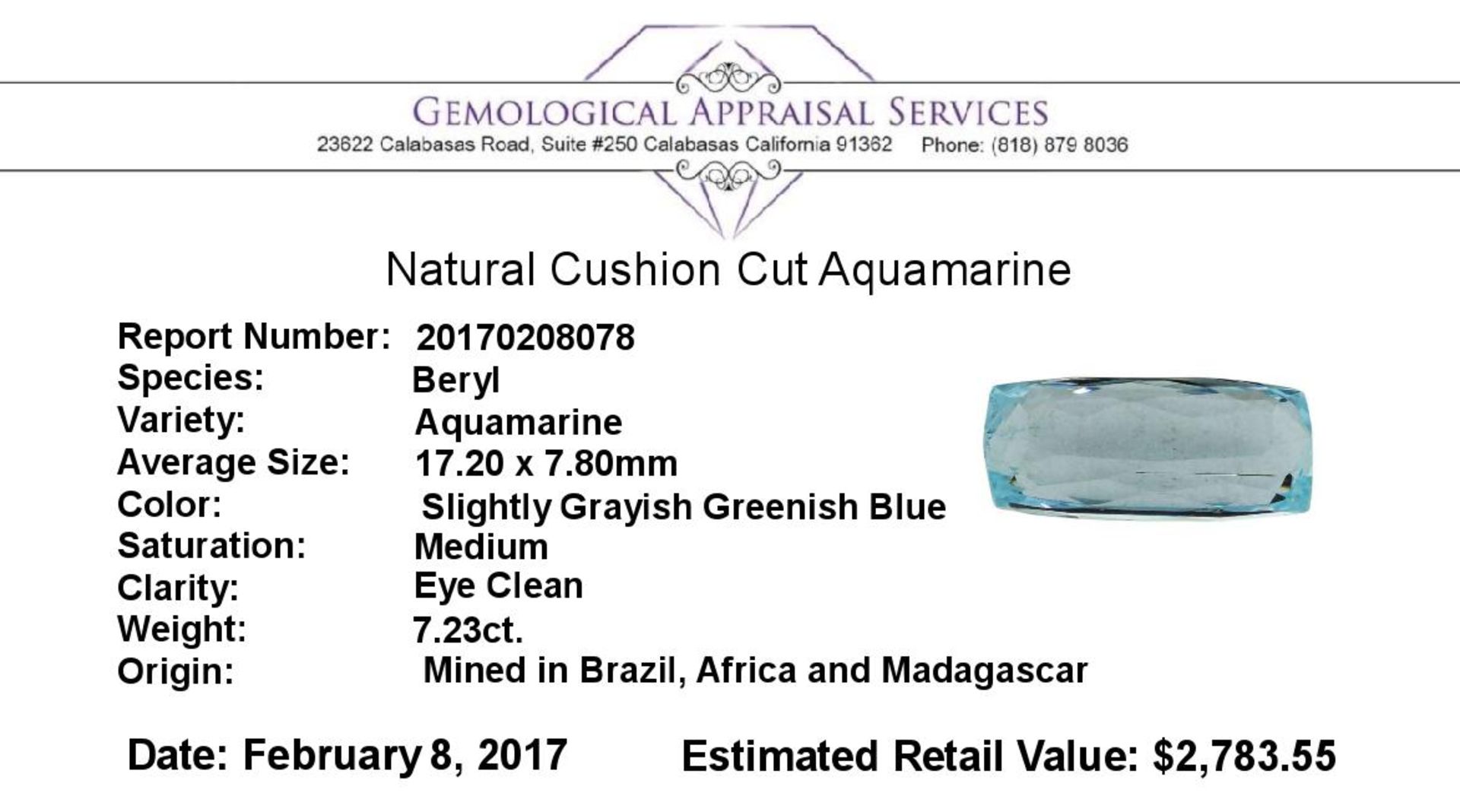7.23 ct.Natural Cushion Cut Aquamarine - Image 2 of 2
