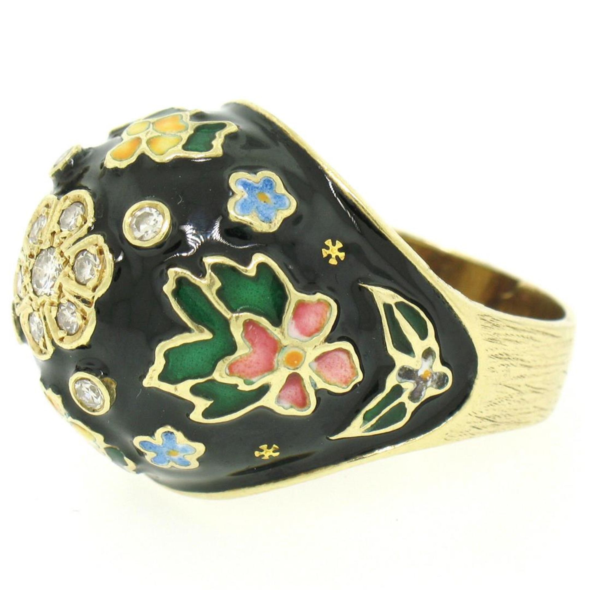 14K Yellow Gold Diamond Black Blue Green Yellow Enamel Dome Flower Ring - Image 3 of 7