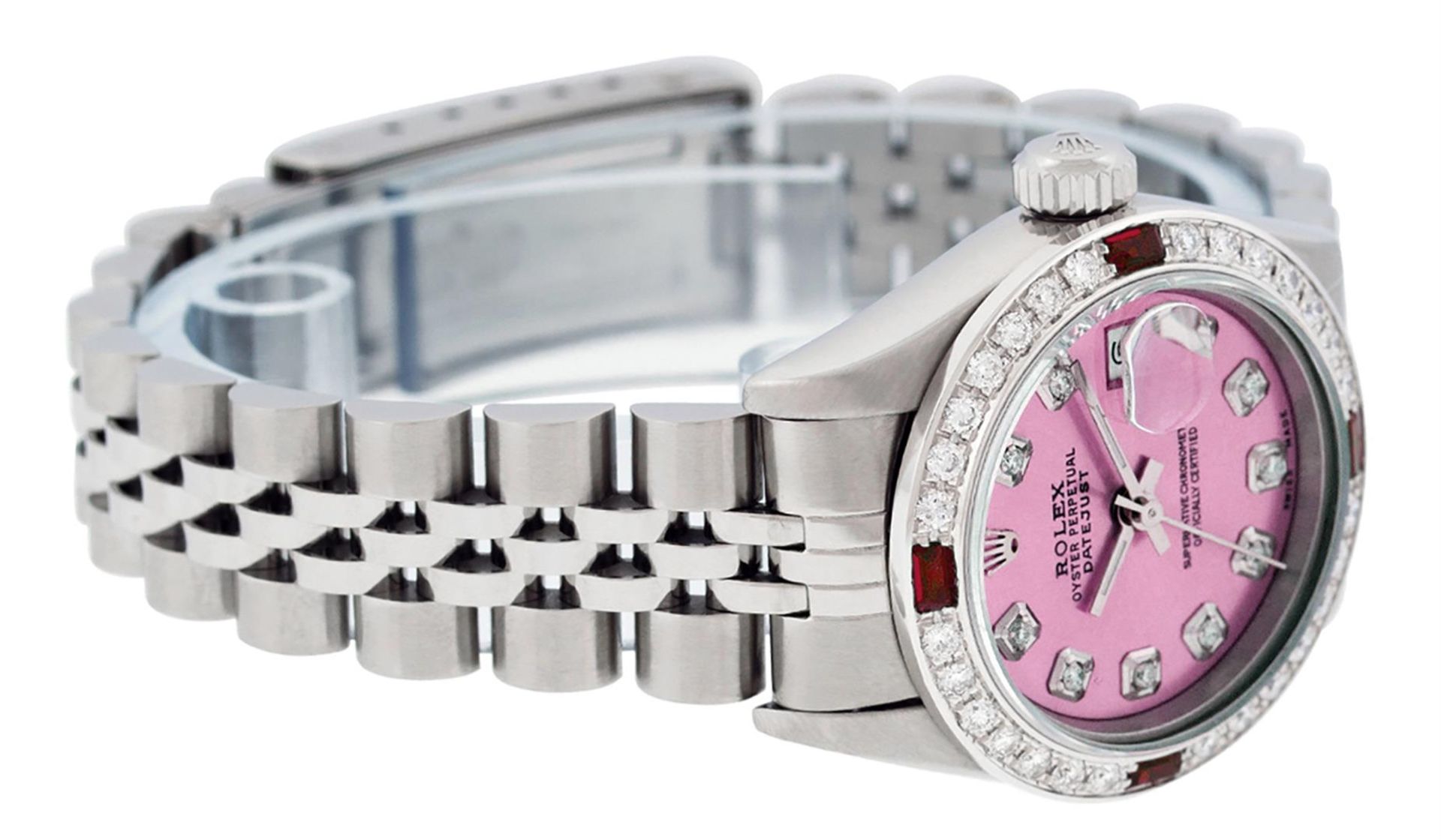 Rolex Ladies Stainless Steel Quickset Pink Diamond & Ruby Wristwatch 26MM - Image 3 of 7