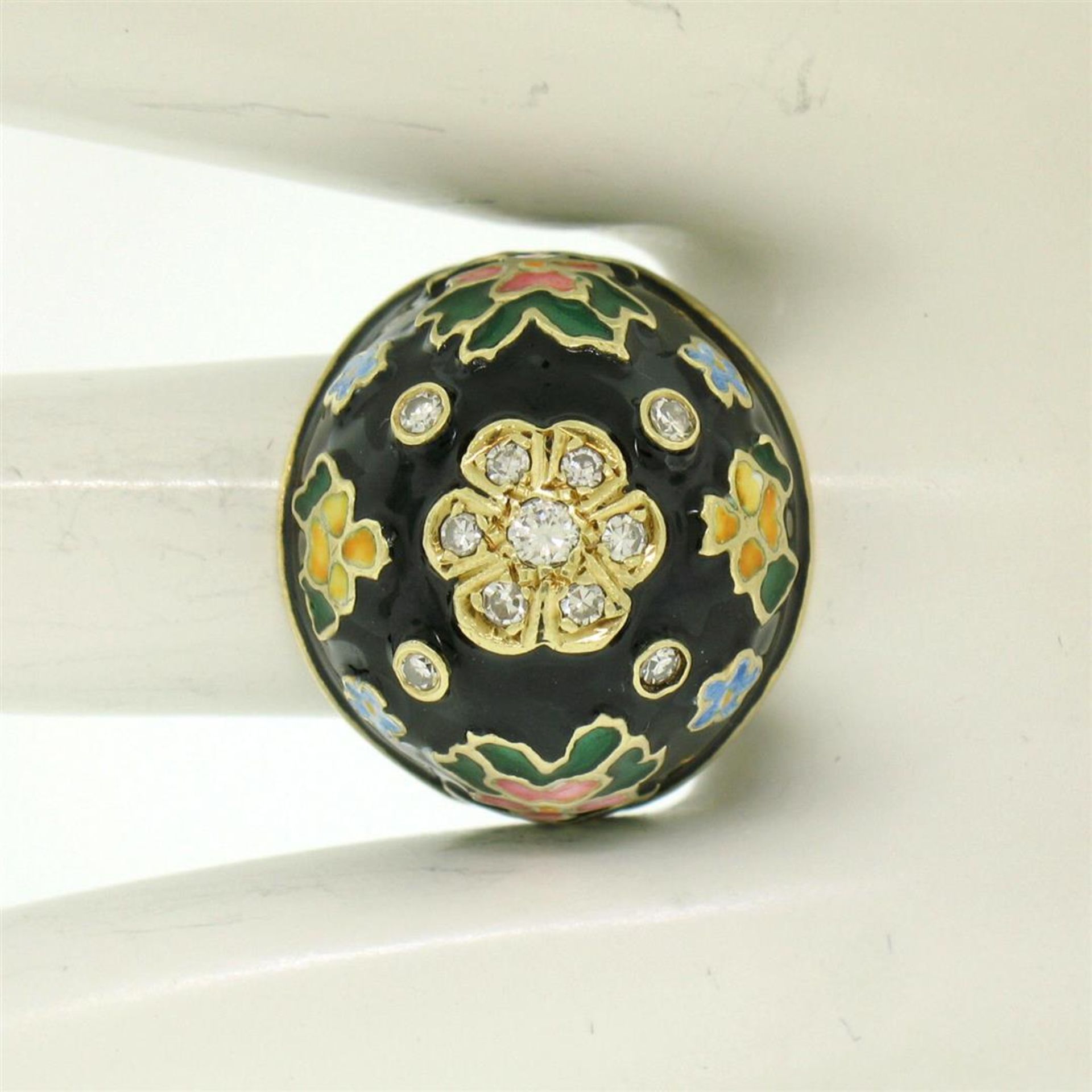 14K Yellow Gold Diamond Black Blue Green Yellow Enamel Dome Flower Ring - Image 4 of 7