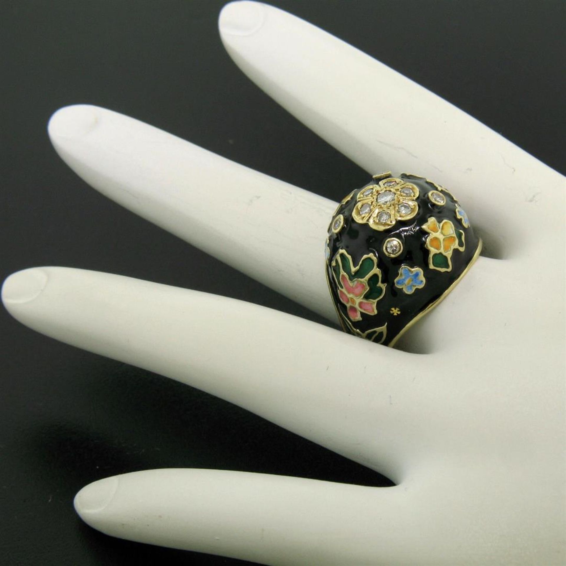 14K Yellow Gold Diamond Black Blue Green Yellow Enamel Dome Flower Ring - Image 5 of 7