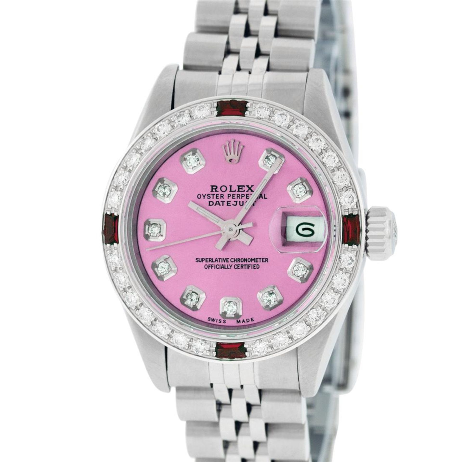 Rolex Ladies Stainless Steel Quickset Pink Diamond & Ruby Wristwatch 26MM - Image 2 of 7