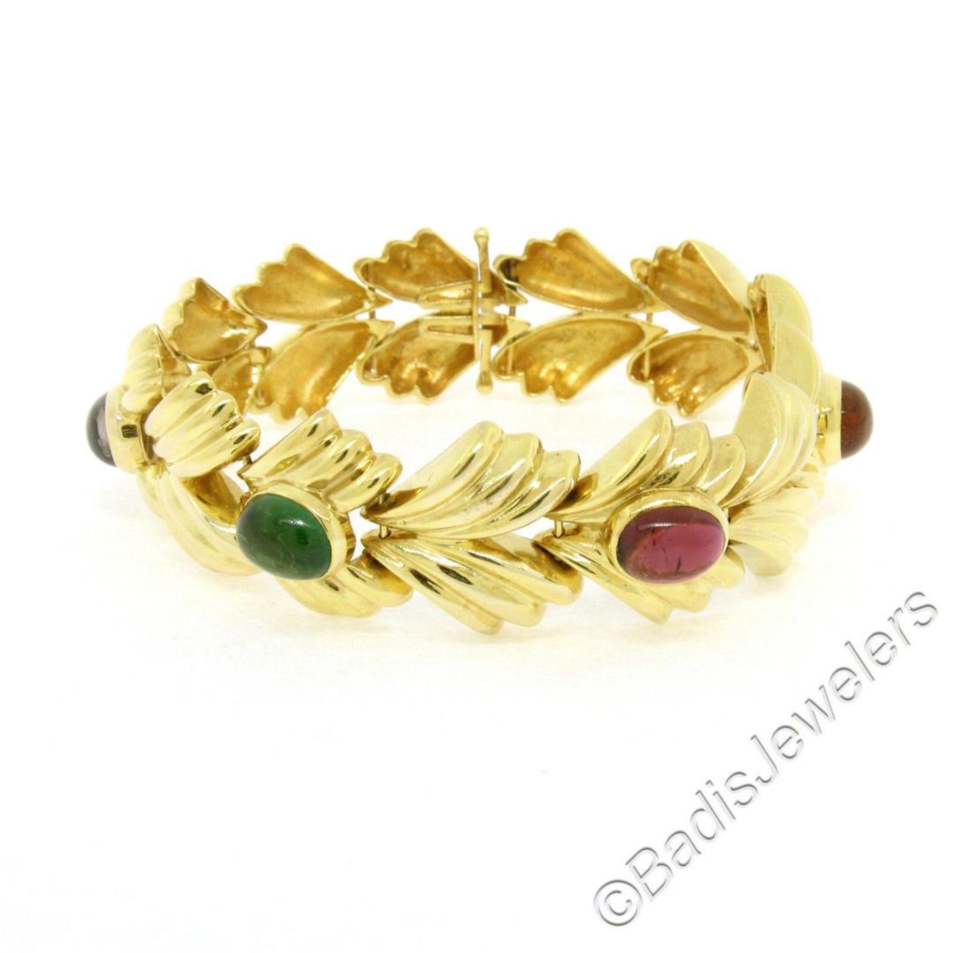 14kt Yellow Gold 6.81 ctw Multi Gemstone Ribbed Wide Leaf Chain Bracelet