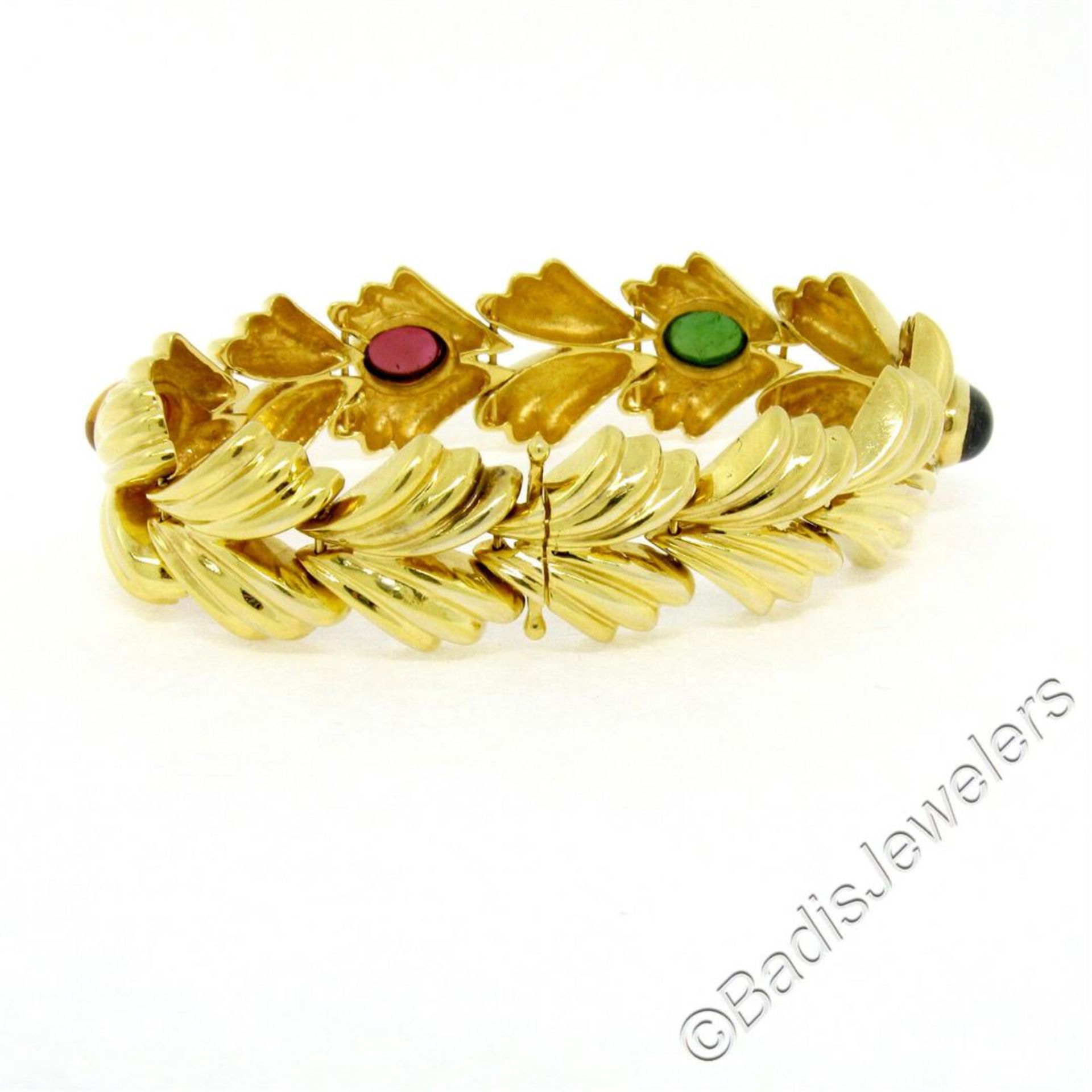 14kt Yellow Gold 6.81 ctw Multi Gemstone Ribbed Wide Leaf Chain Bracelet - Image 7 of 9
