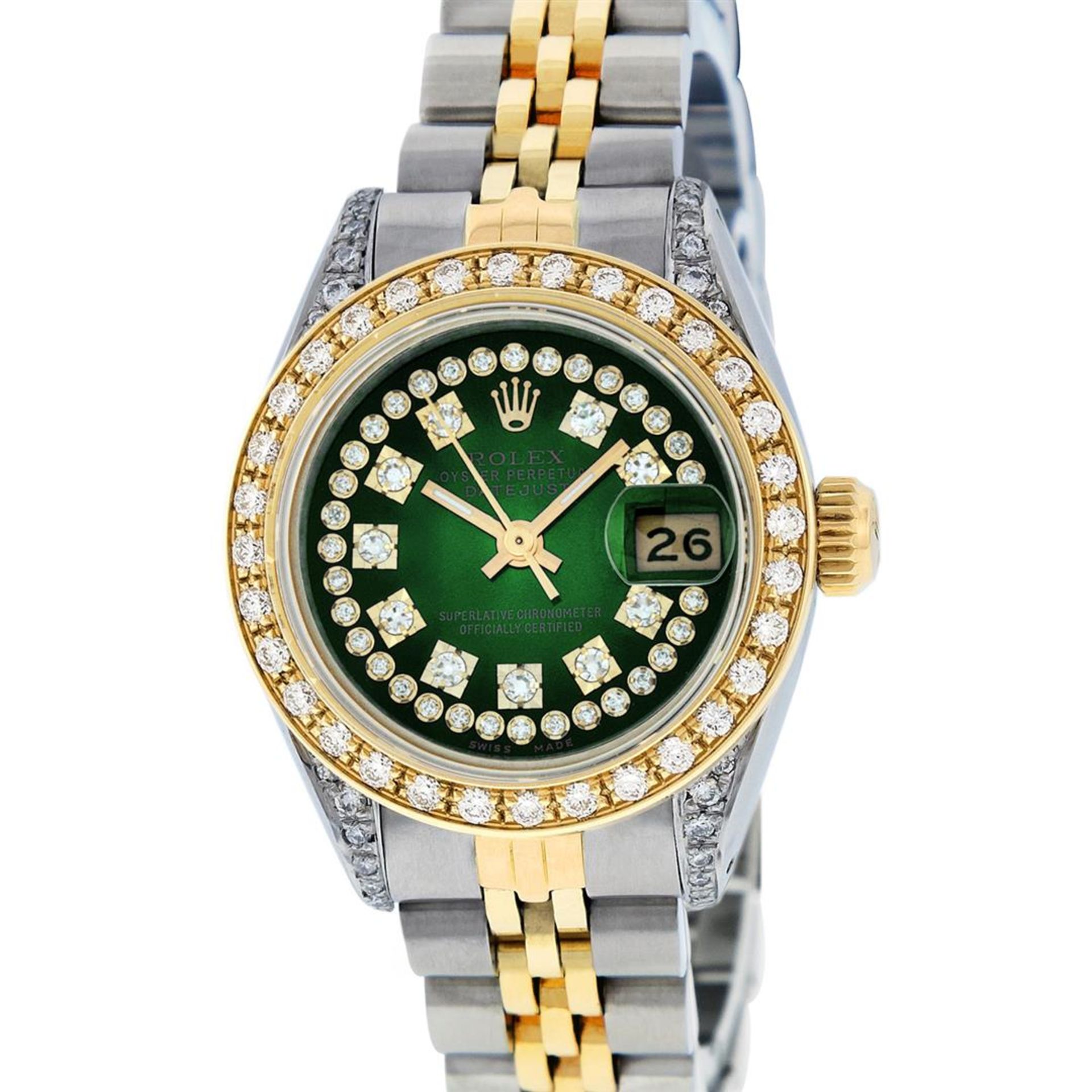 Rolex Ladies 2 Tone Green Vignette Diamond Lugs 26MM Oyster Perpetual Datejust - Image 2 of 7