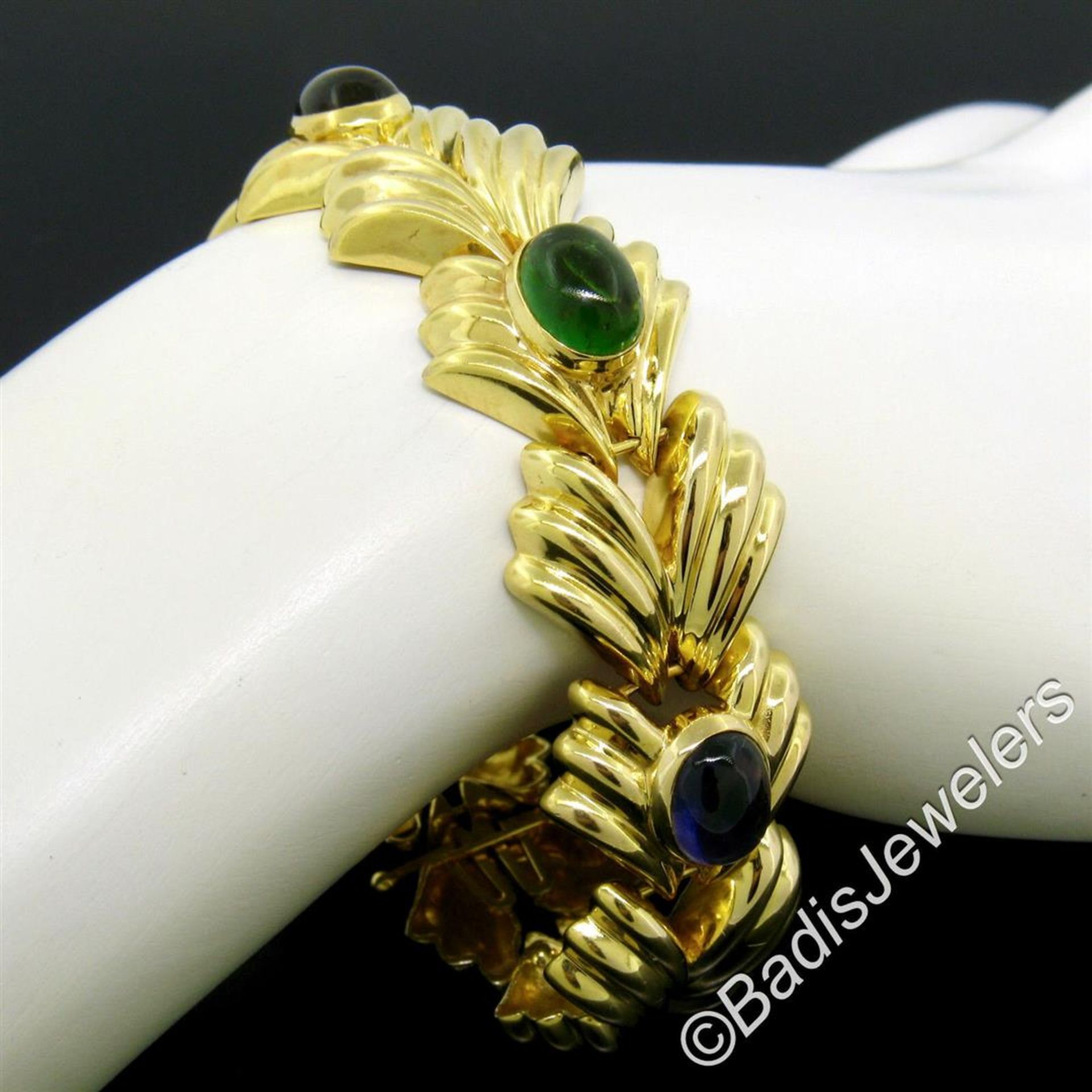 14kt Yellow Gold 6.81 ctw Multi Gemstone Ribbed Wide Leaf Chain Bracelet - Image 5 of 9