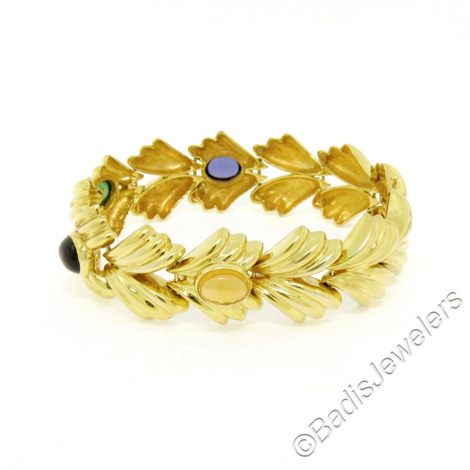 14kt Yellow Gold 6.81 ctw Multi Gemstone Ribbed Wide Leaf Chain Bracelet - Image 3 of 9