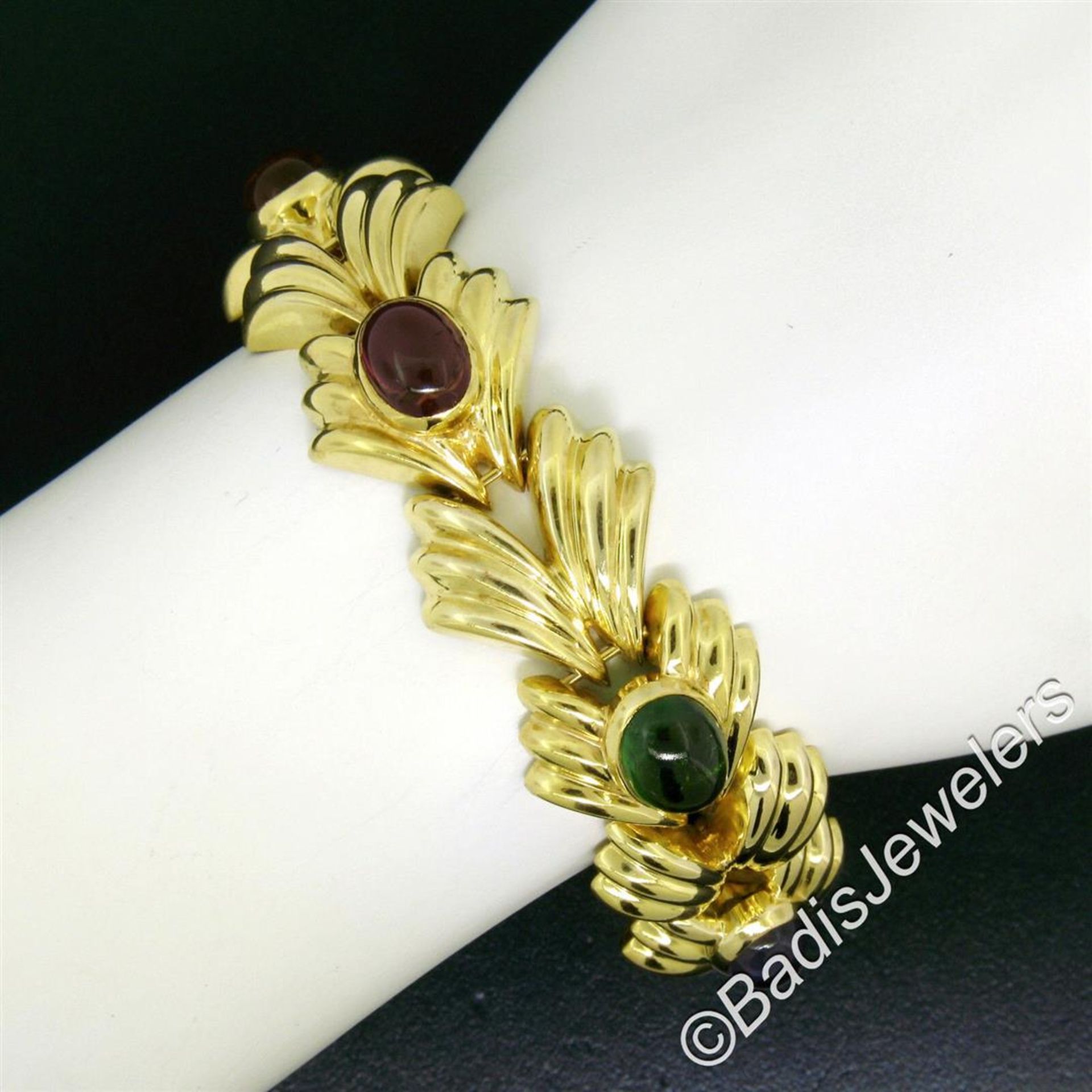 14kt Yellow Gold 6.81 ctw Multi Gemstone Ribbed Wide Leaf Chain Bracelet - Image 6 of 9