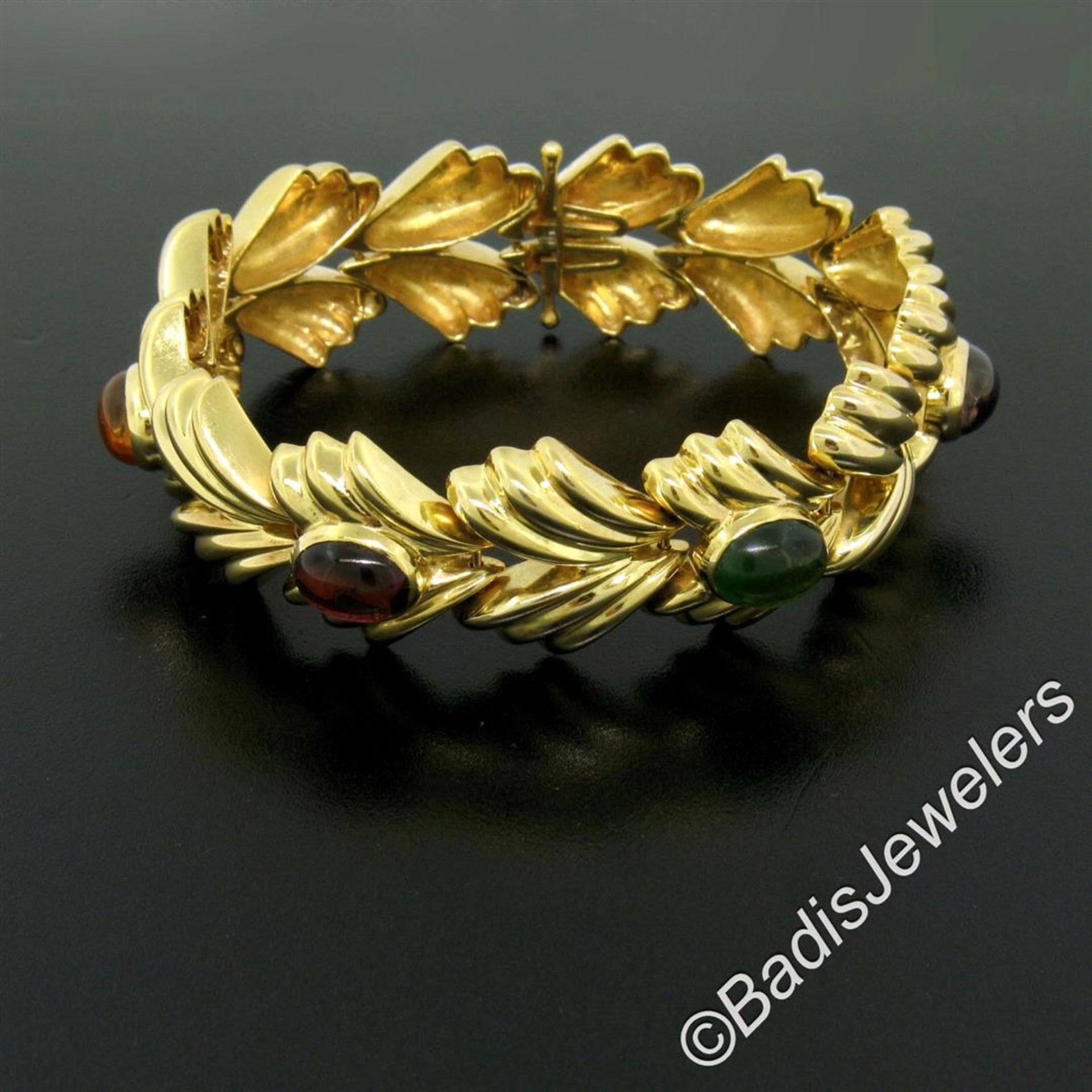 14kt Yellow Gold 6.81 ctw Multi Gemstone Ribbed Wide Leaf Chain Bracelet - Image 2 of 9