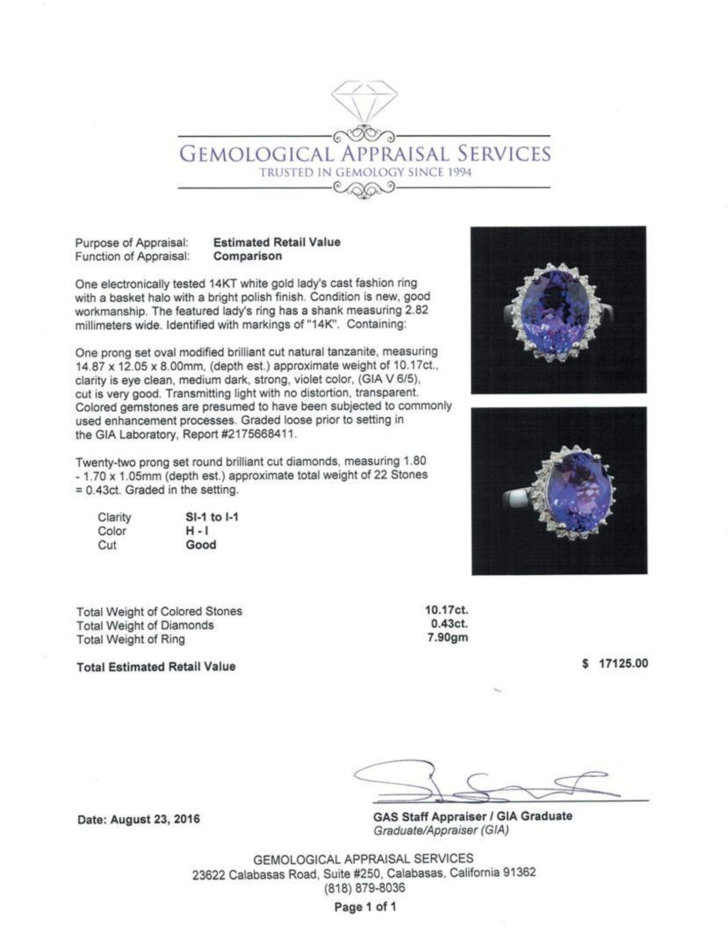 GIA Cert 10.17 ctw Tanzanite and Diamond Ring - 14KT White Gold - Image 5 of 6