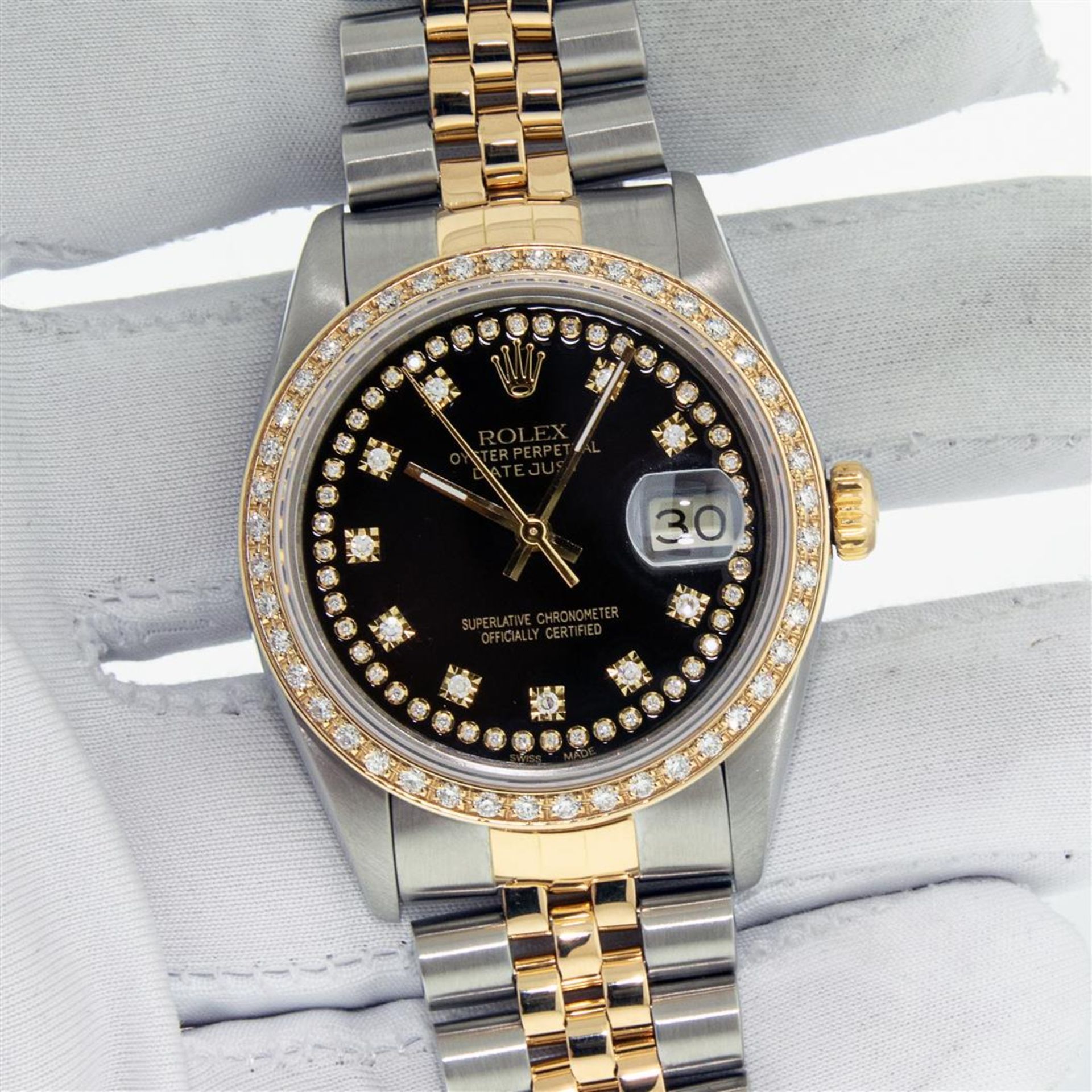 Rolex Mens 2 Tone Black String VS Diamond Oyster Perpetual Datejust Wristwatch - Image 3 of 9