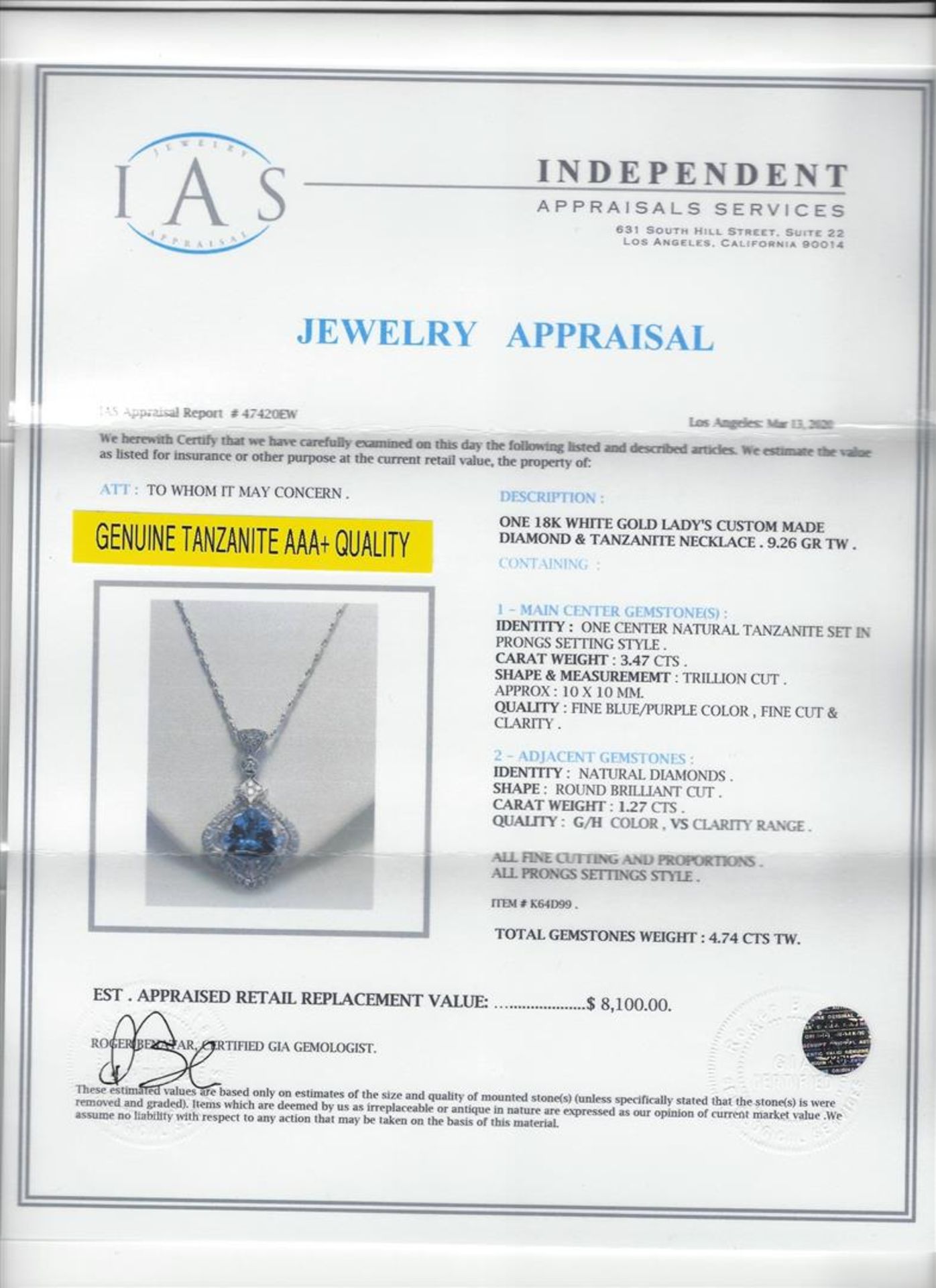 3.47 ctw Tanzanite and Diamond Pendant With Chain - 18KT White Gold - Image 3 of 3