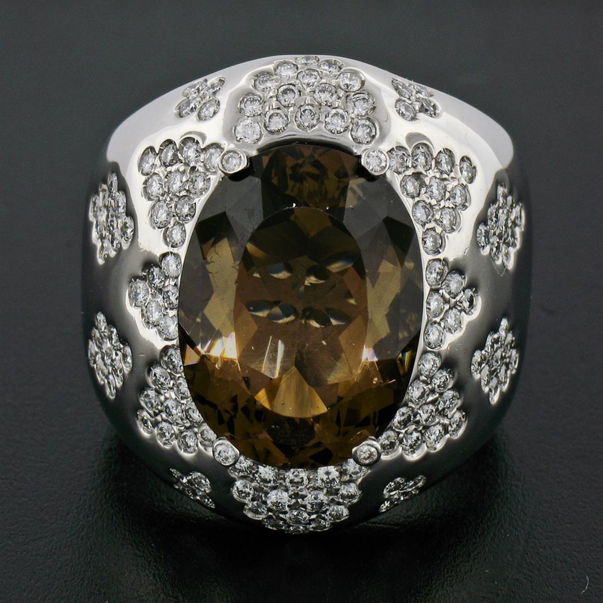 Large Bold 18K White Gold Oval Smoky Quartz 2.50 ctw Diamond Cluster Cocktail Ri - Image 2 of 9