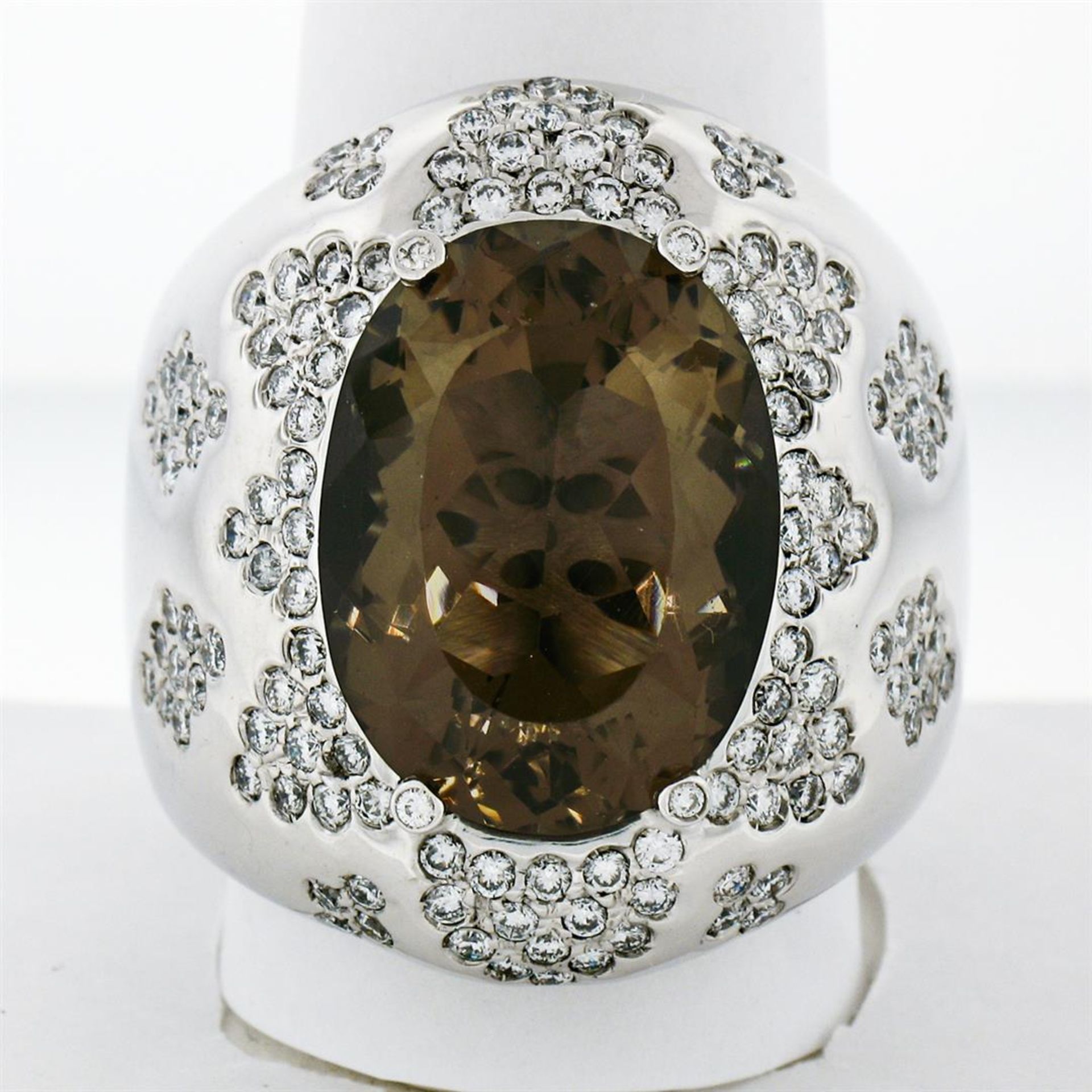 Large Bold 18K White Gold Oval Smoky Quartz 2.50 ctw Diamond Cluster Cocktail Ri - Image 4 of 9