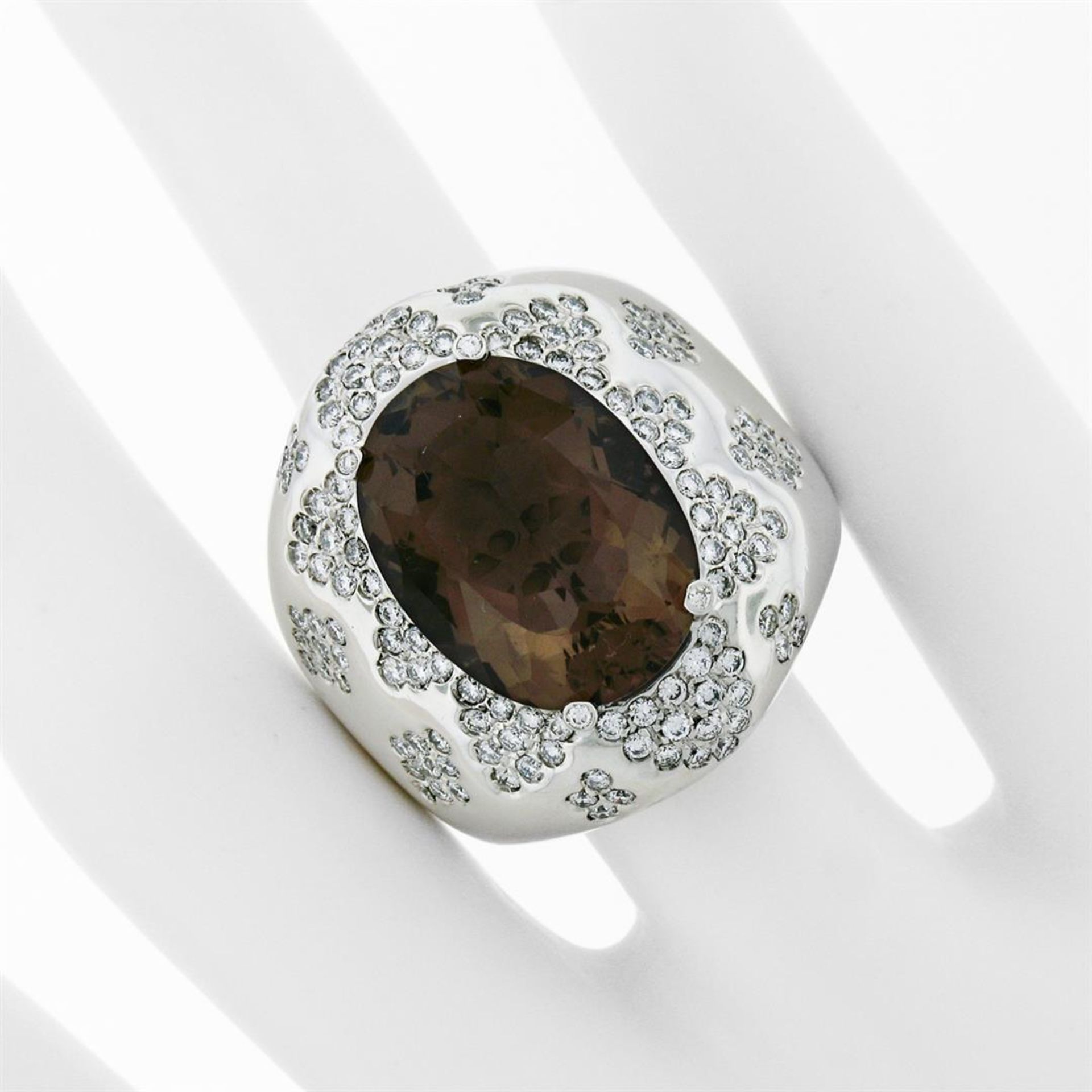 Large Bold 18K White Gold Oval Smoky Quartz 2.50 ctw Diamond Cluster Cocktail Ri - Image 3 of 9