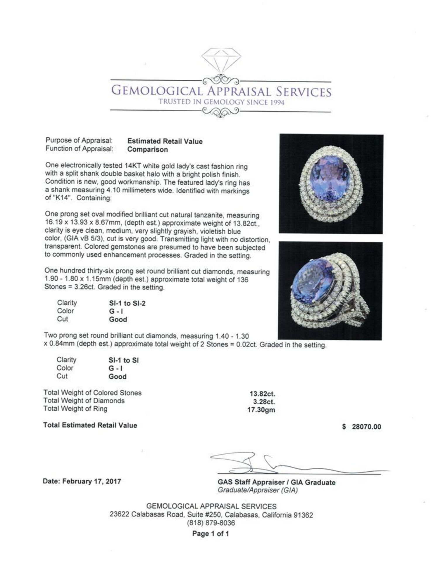 13.82 Tanzanite and Diamond Ring - 14KT White Gold - Image 5 of 5