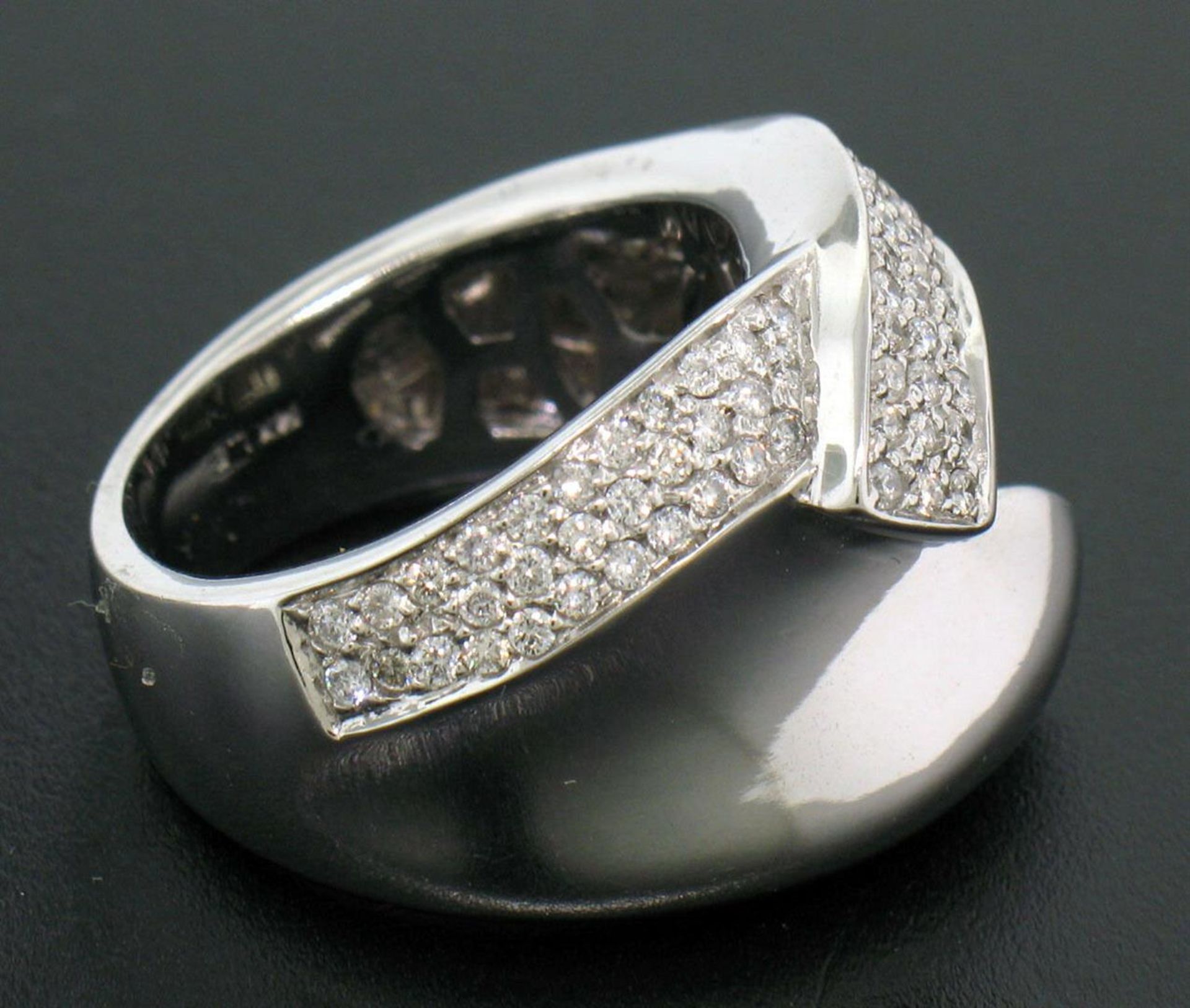 14k White Gold Dual Finish 1 ctw Pave Diamond Bold Swirled Dinner Ring Band - Image 2 of 7