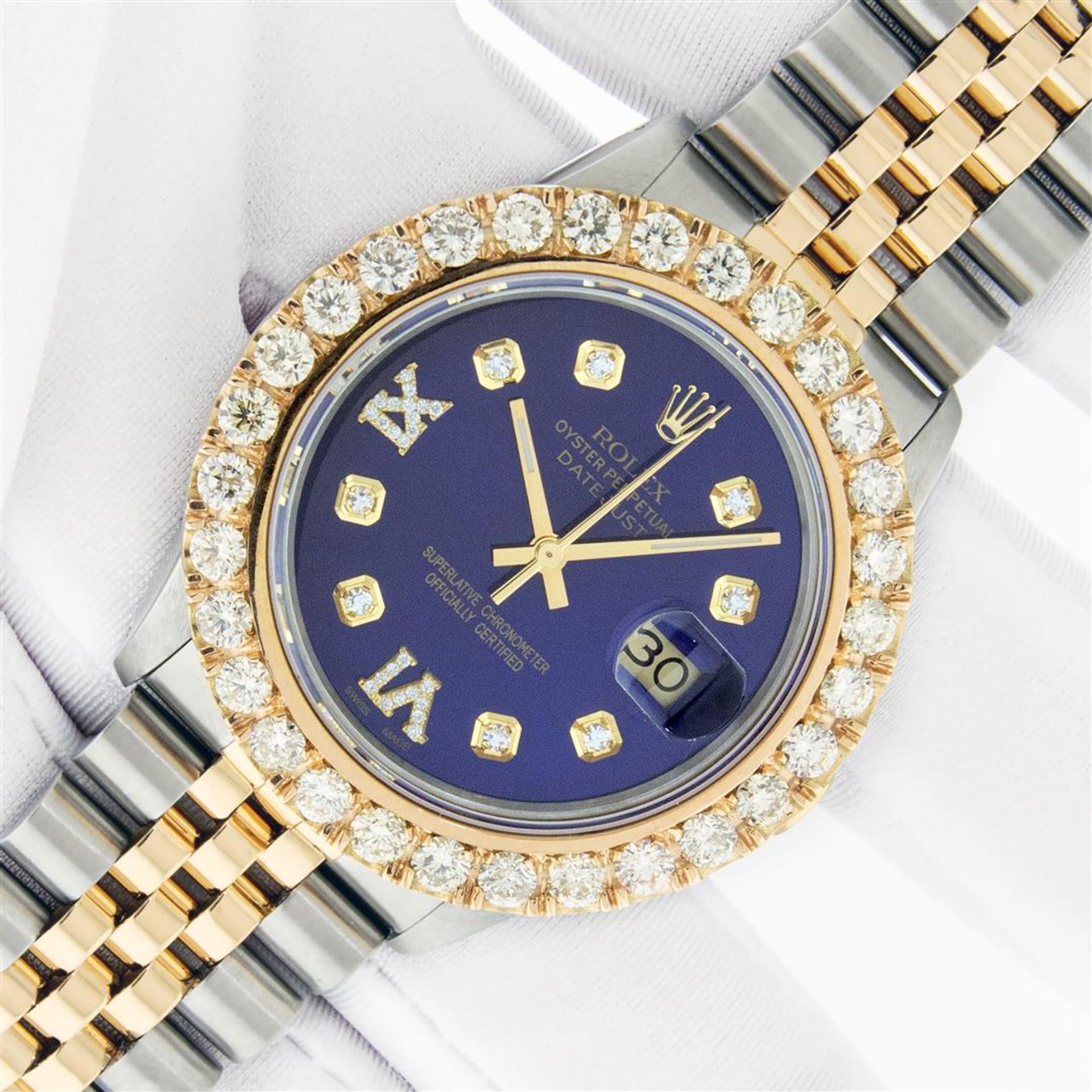 Rolex Mens 2 Tone Blue VS 4 ctw Beadset Diamond Datejust Wristwatch with Rolex B - Image 2 of 9