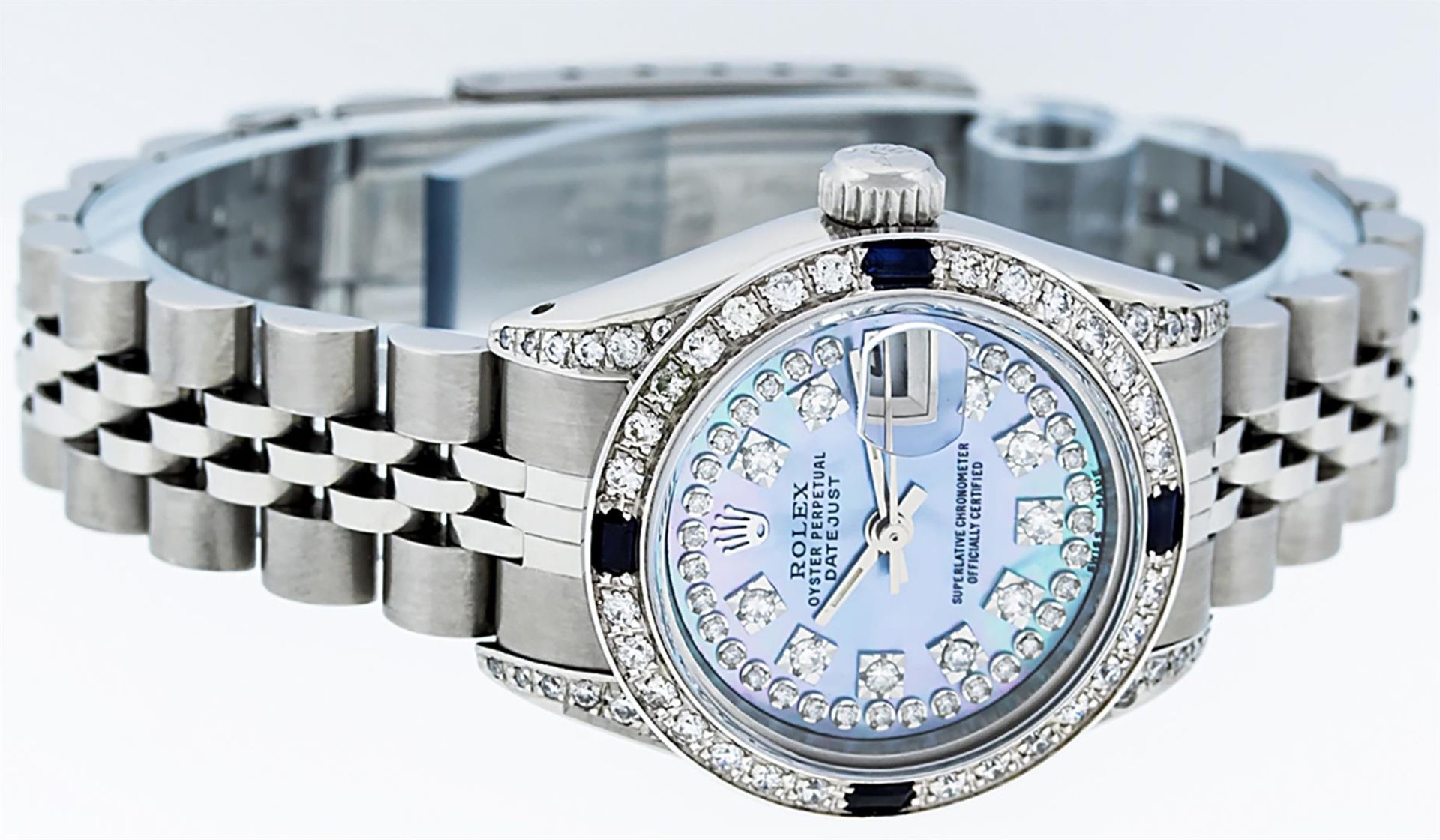 Rolex Ladies Stainless Steel Diamond Lugs Blue MOP String Diamond Datejust Wrist - Image 5 of 9