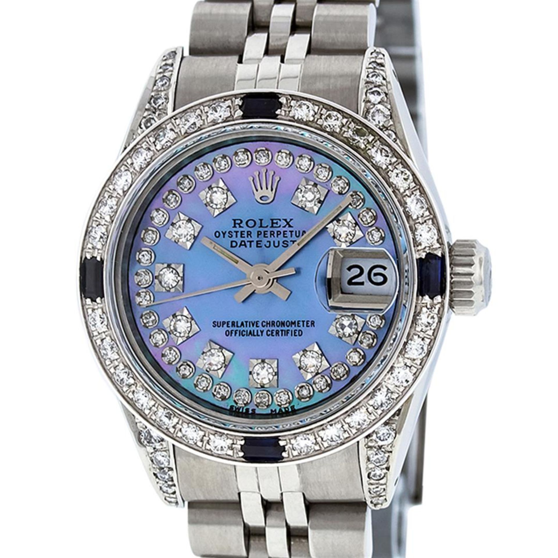 Rolex Ladies Stainless Steel Diamond Lugs Blue MOP String Diamond Datejust Wrist - Image 4 of 9