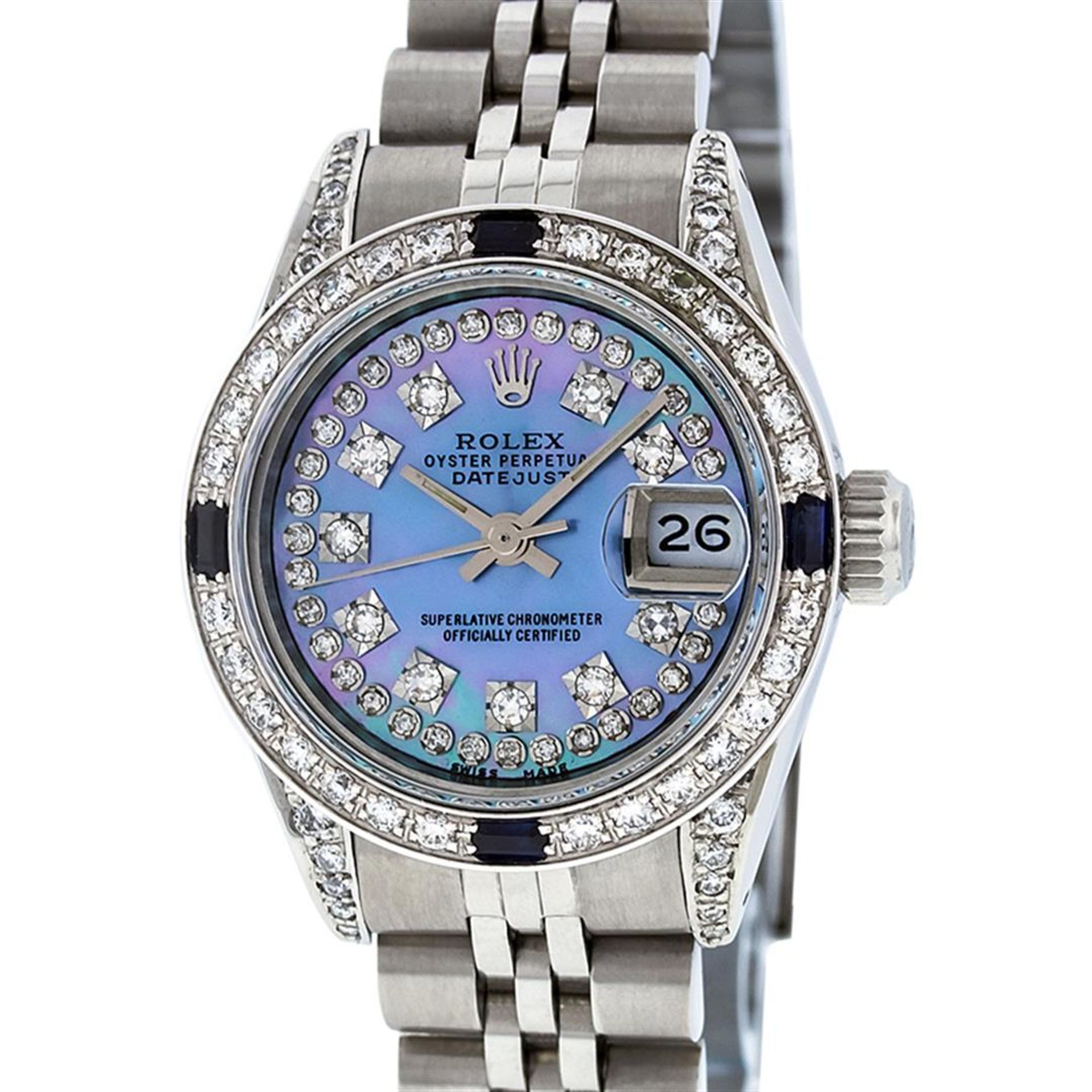 Rolex Ladies Stainless Steel Diamond Lugs Blue MOP String Diamond Datejust Wrist - Image 3 of 9