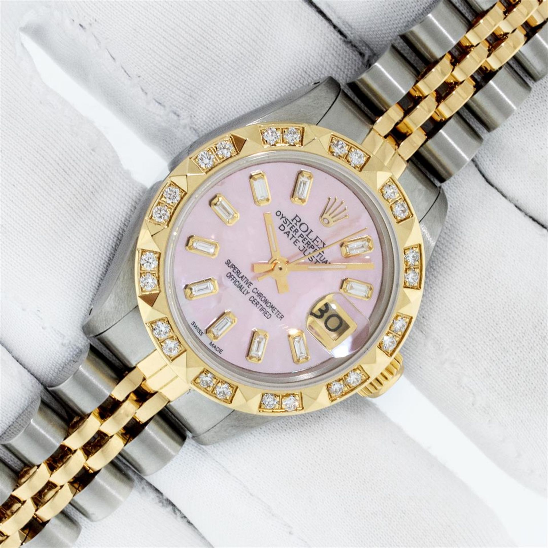 Rolex Ladies 26 2T Pink MOP Baguette 18K YG Diamond Bezel Serviced And Polished - Image 2 of 9