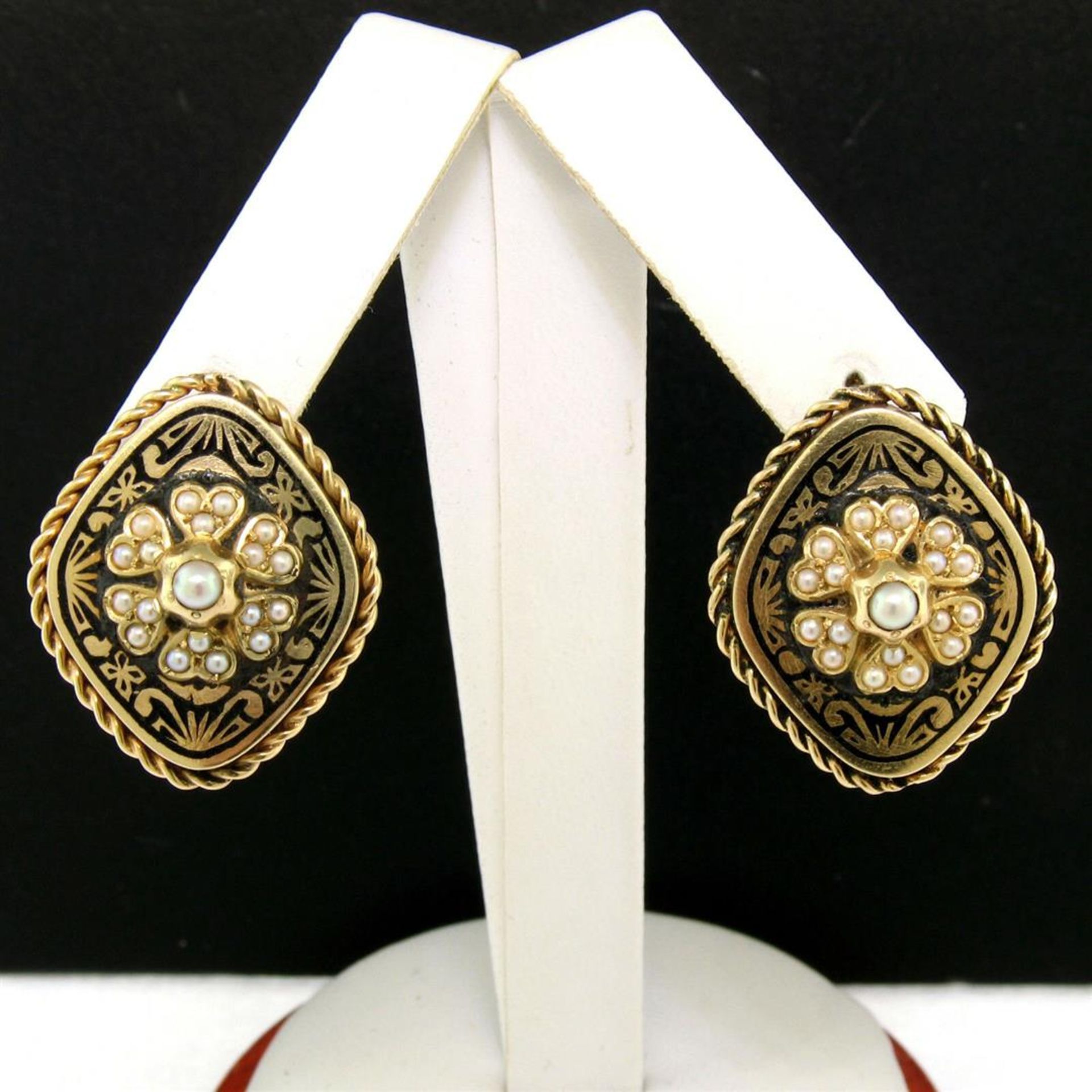 Antique Victorian 14K Gold Seed Pearl & Black Enamel Marquise Panel Earrings - Image 2 of 5